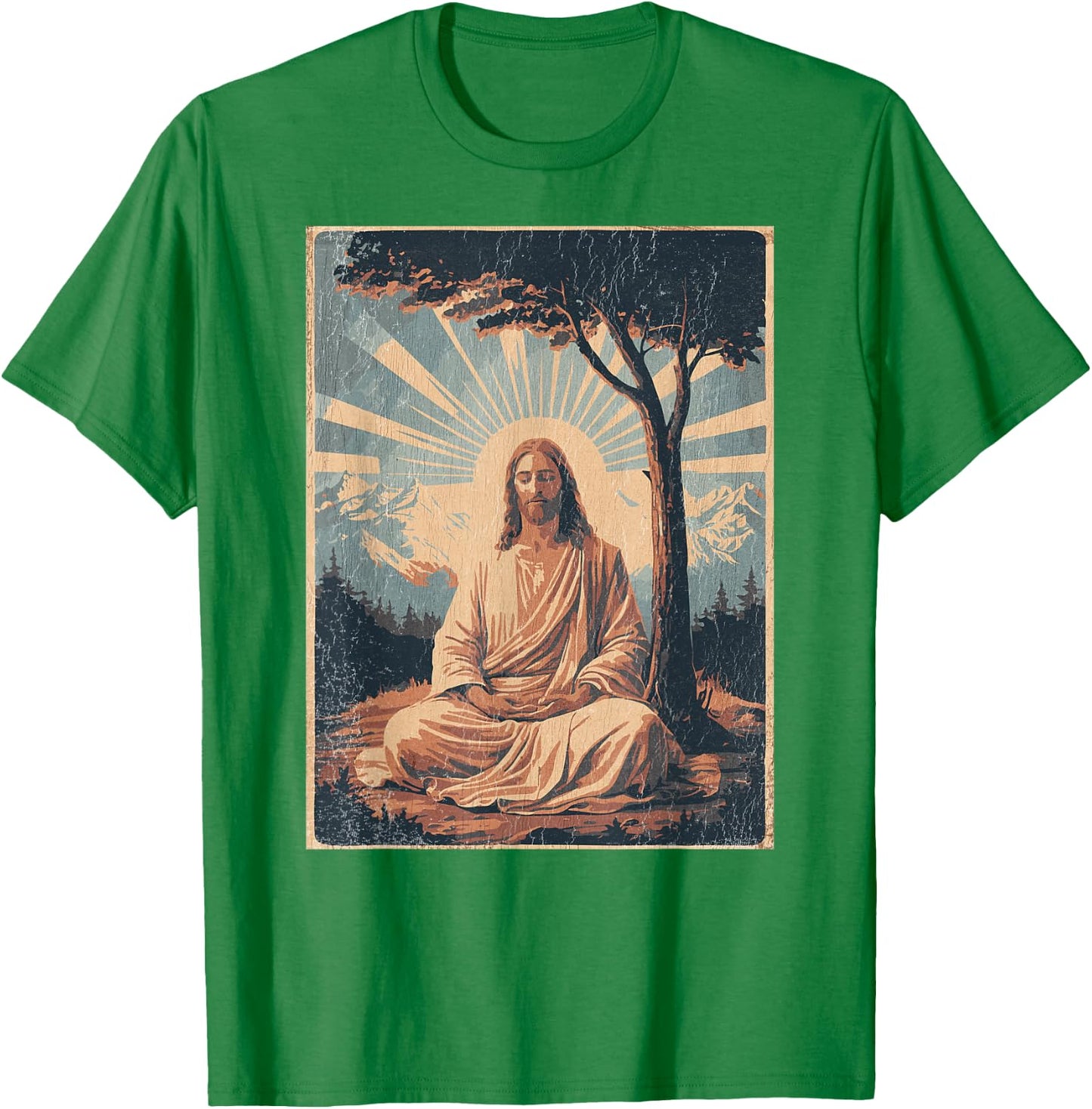Jesus Meditating Under Tree, Mountains - Retro Faded Print T-Shirt - T-Shirt | Irish Green