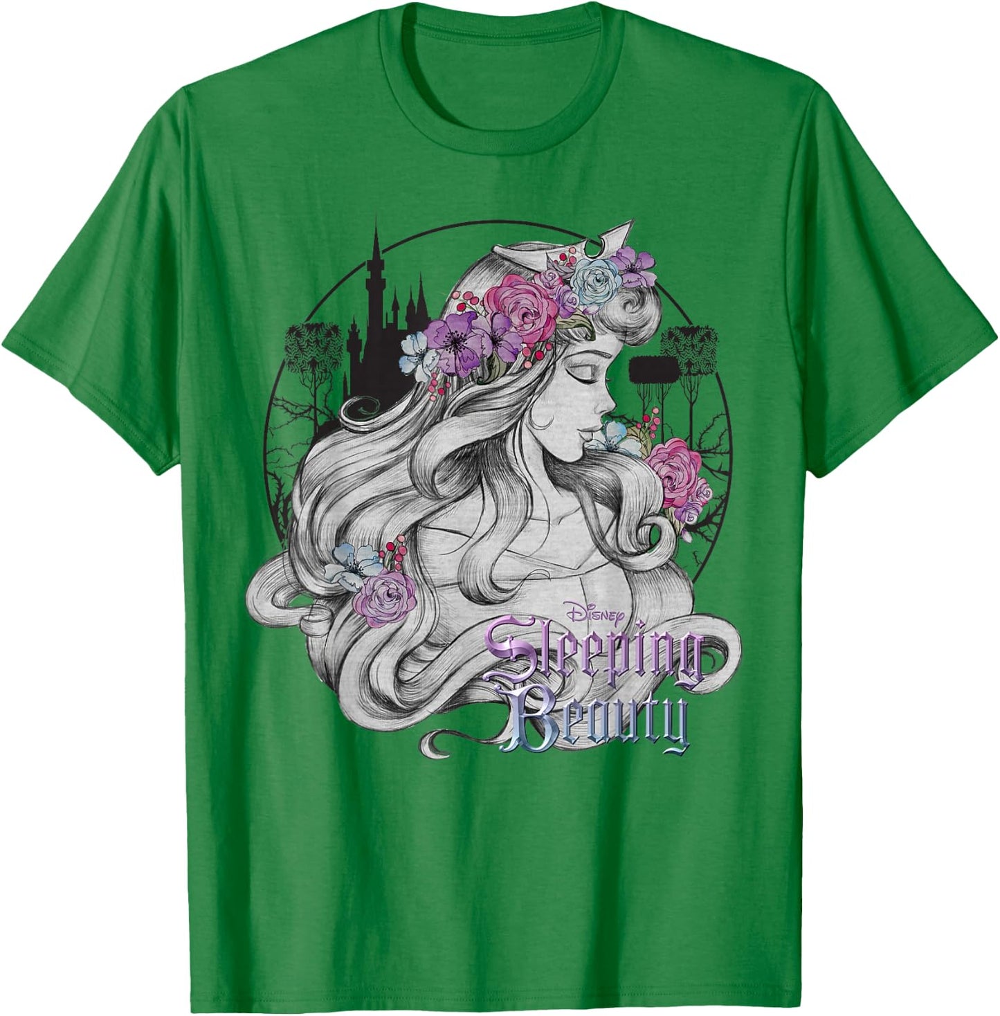 Disney Sleeping Beauty Floral Sketched Portrait T-Shirt - T-Shirt | Irish Green