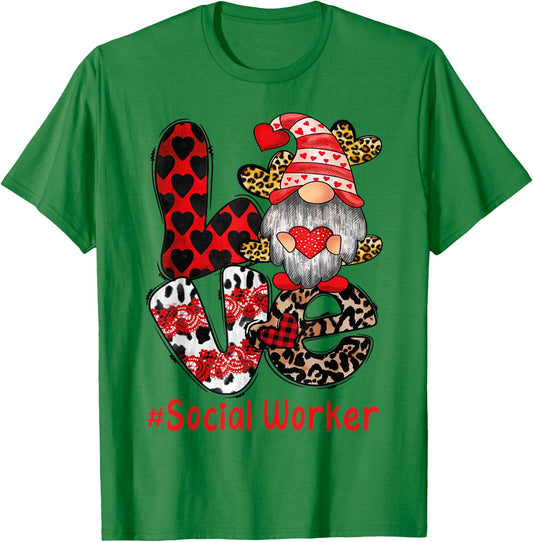 Social Worker Valentines Day Love Heart gnome social work T-Shirt - T-Shirt | Irish Green