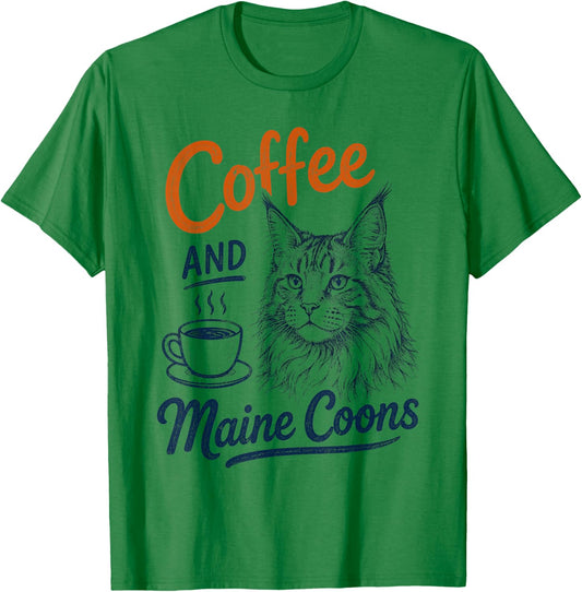 Coffee and Maine Coons Cat Lover Gift Retro T-Shirt - T-Shirt | Irish Green