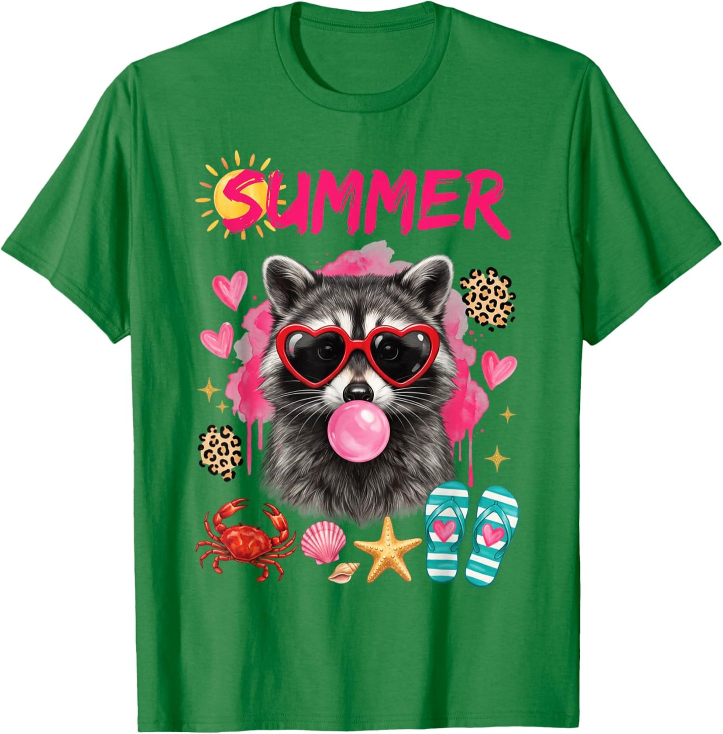 Summer Raccoon Beach Vacation Cute Retro Animal Graphic T-Shirt - T-Shirt | Irish Green