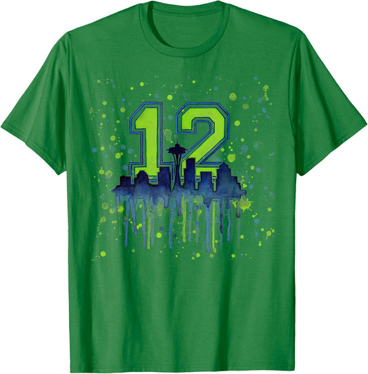 Seattle 12th Man | Space Needle Skyline Watercolor T-Shirt - T-Shirt | Irish Green