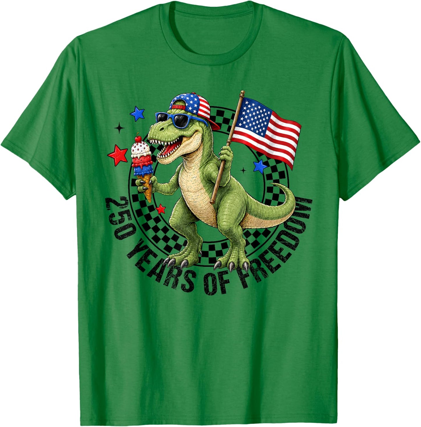 Boy 4th of July T-Rex Happy 250 America 1776-2026 Dinosaur T-Shirt - T-Shirt | Irish Green