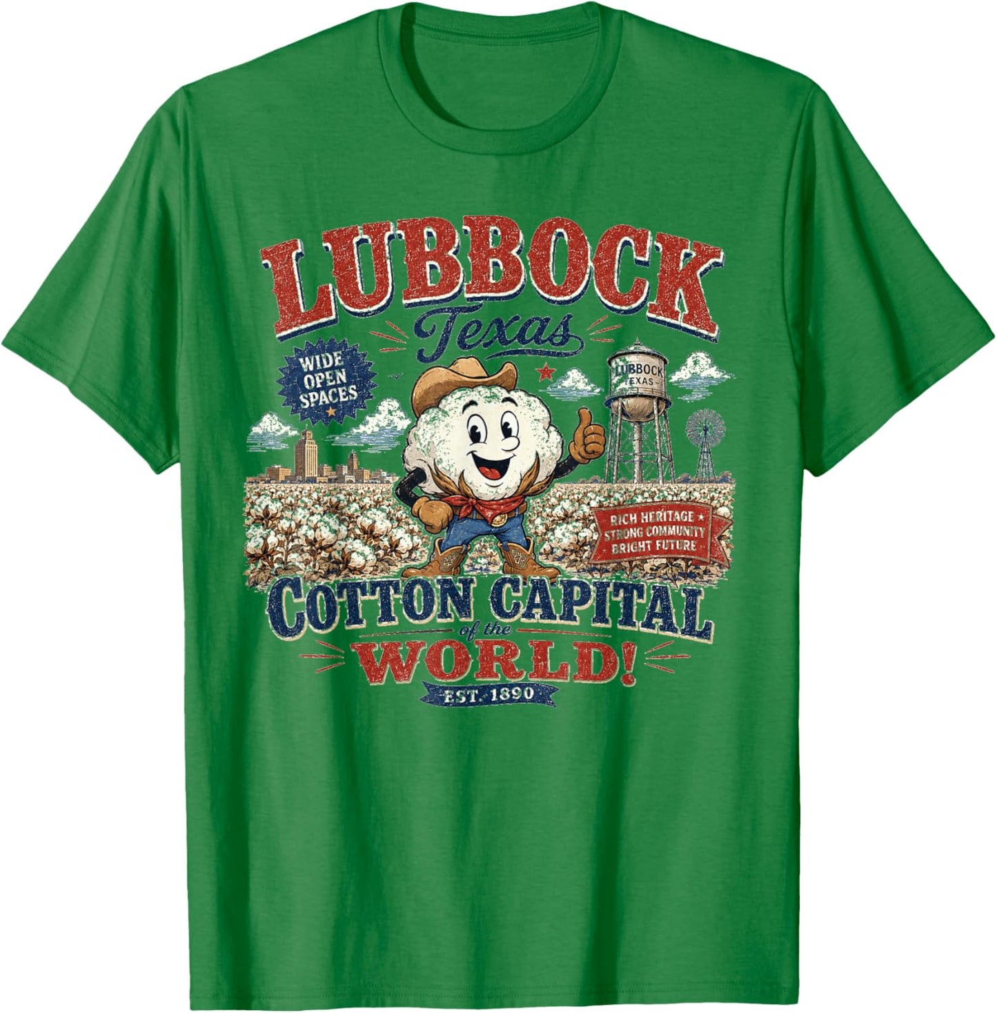 Lubbock Texas Cotton Capital - Vintage Cotton Boll Mascot T-Shirt - T-Shirt | Irish Green
