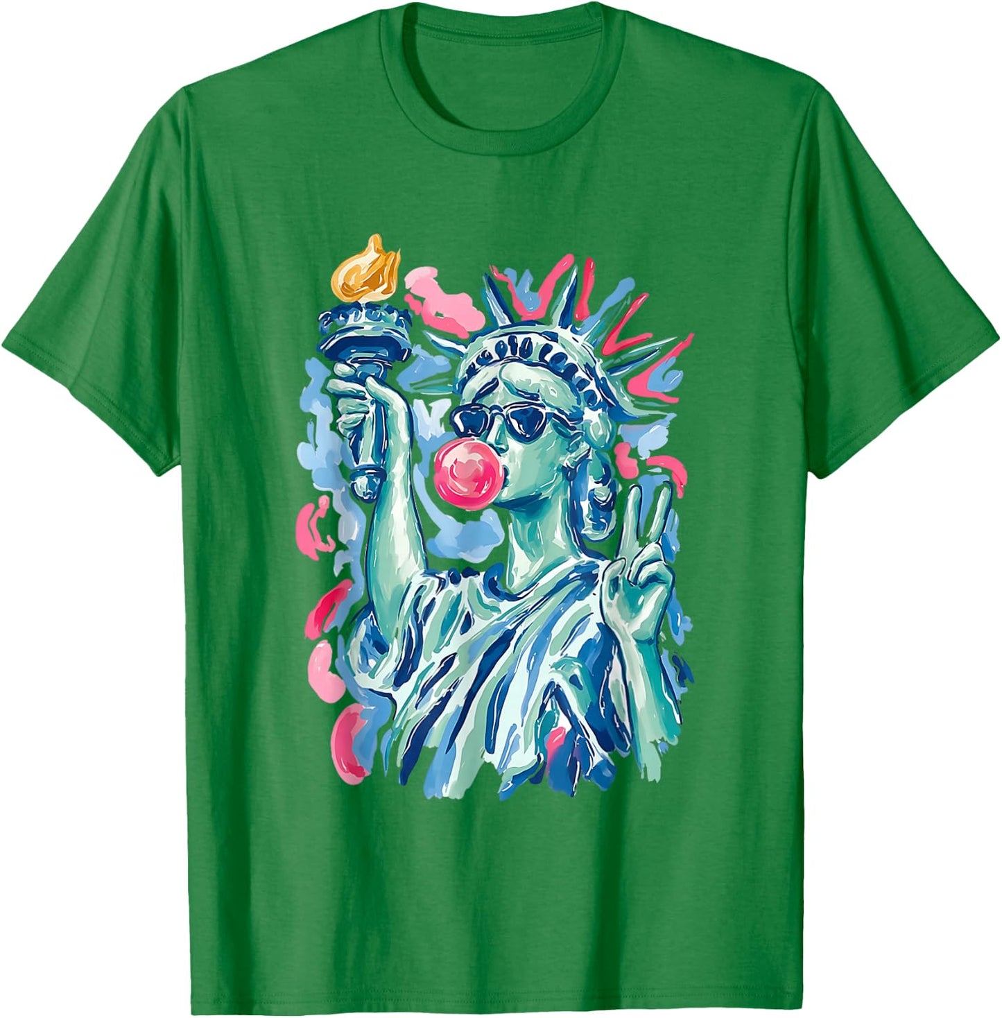 Brushstroke Statue of Liberty Blowing Bubble Gum 4th of July T-Shirt - T-Shirt | Irish Green