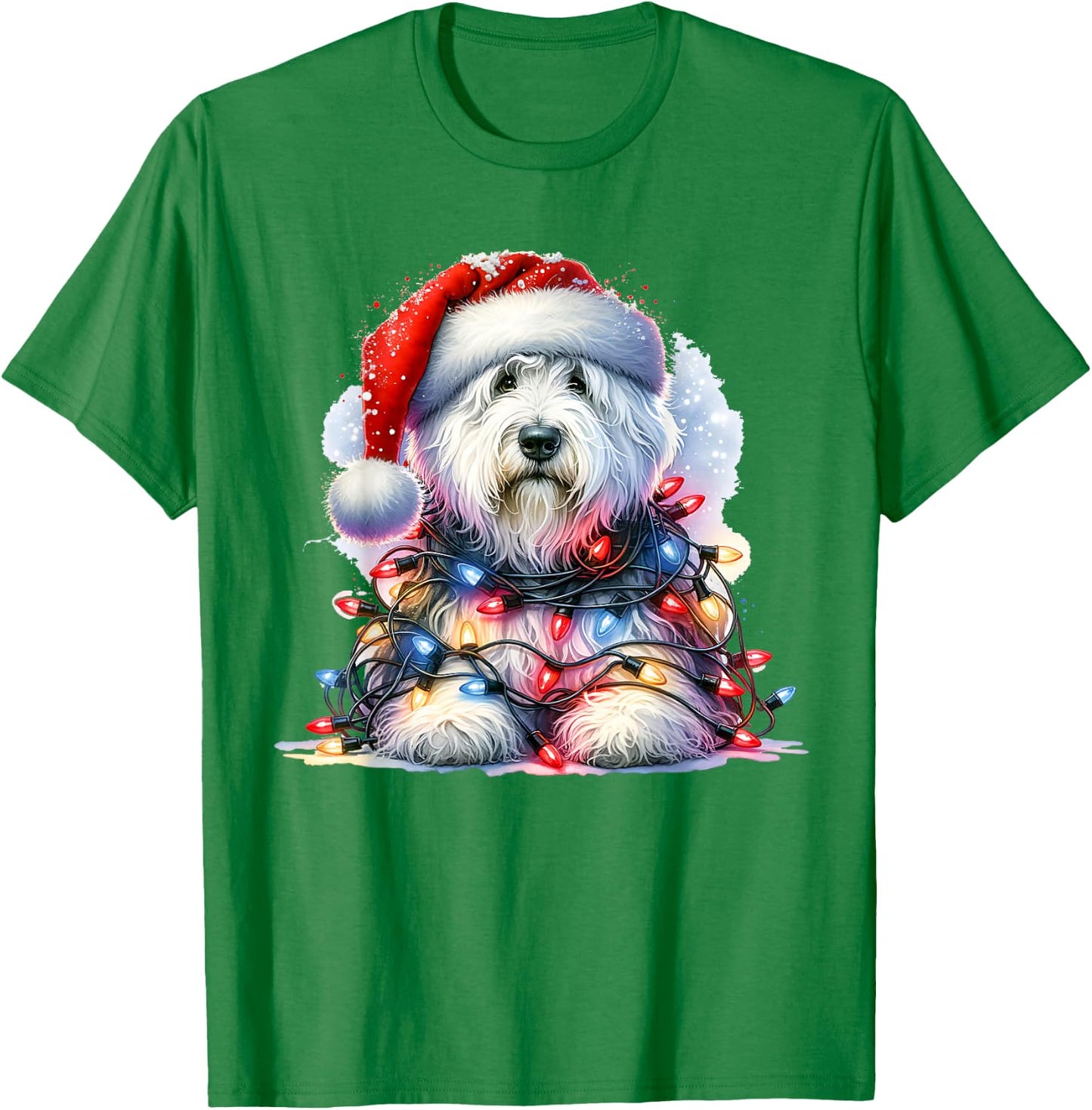 Cute Old English Sheepdog Santa Hat Christmas Lights Winter T-Shirt - T-Shirt | Irish Green