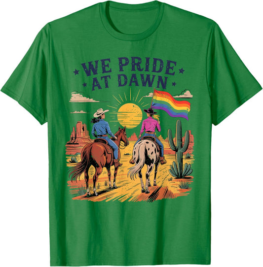 We Pride At Dawn Vintage Lesbian Pride Western LGBTQ Cowgirl T-Shirt - T-Shirt | Irish Green