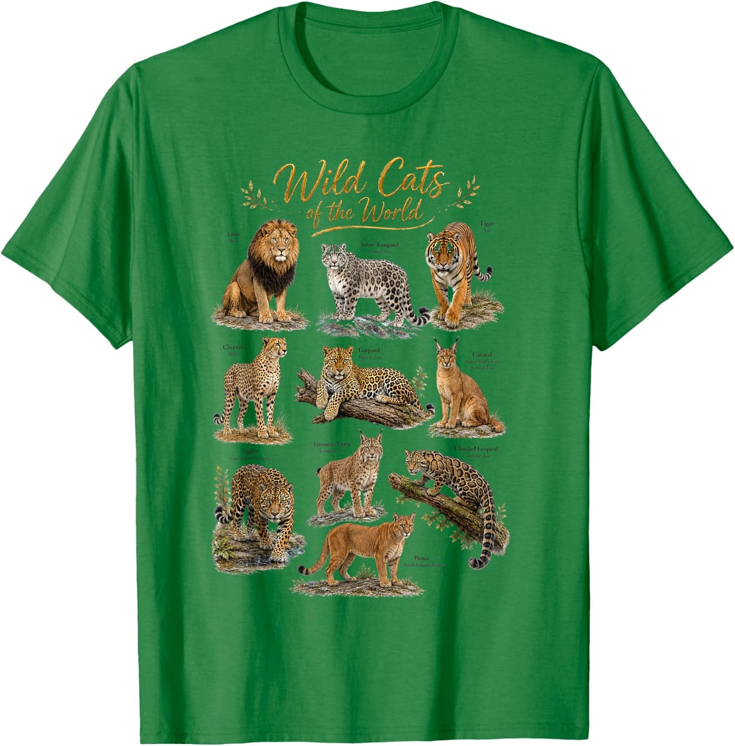 Wild Cats of The World Educational Wild Life Safari Animals T-Shirt - T-Shirt | Irish Green