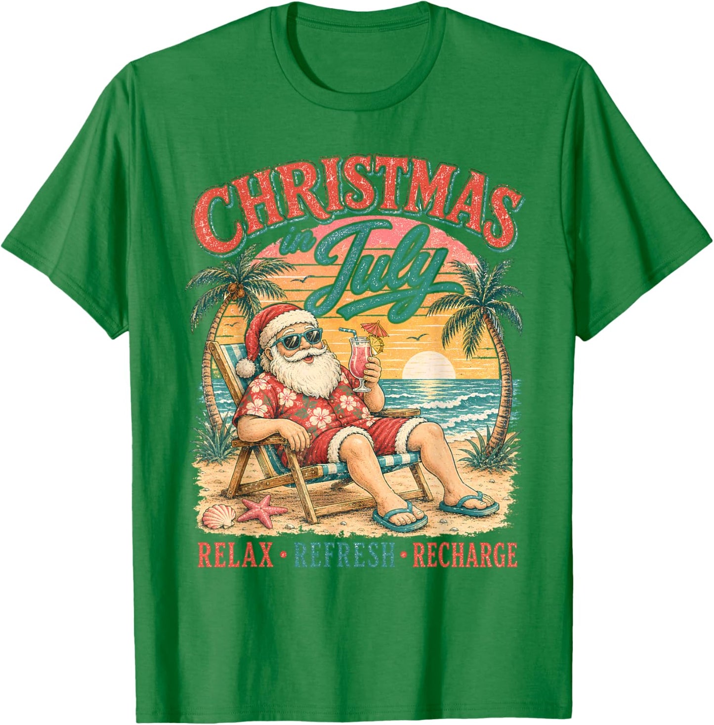 Christmas in July Relax Beach Santa Hawaiian Sunset Cruise T-Shirt - T-Shirt | Irish Green