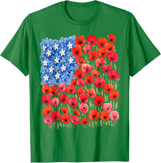 Patriotic Poppies & Hydrangeas Flowers in Floral US Flag T-Shirt - T-Shirt | Irish Green