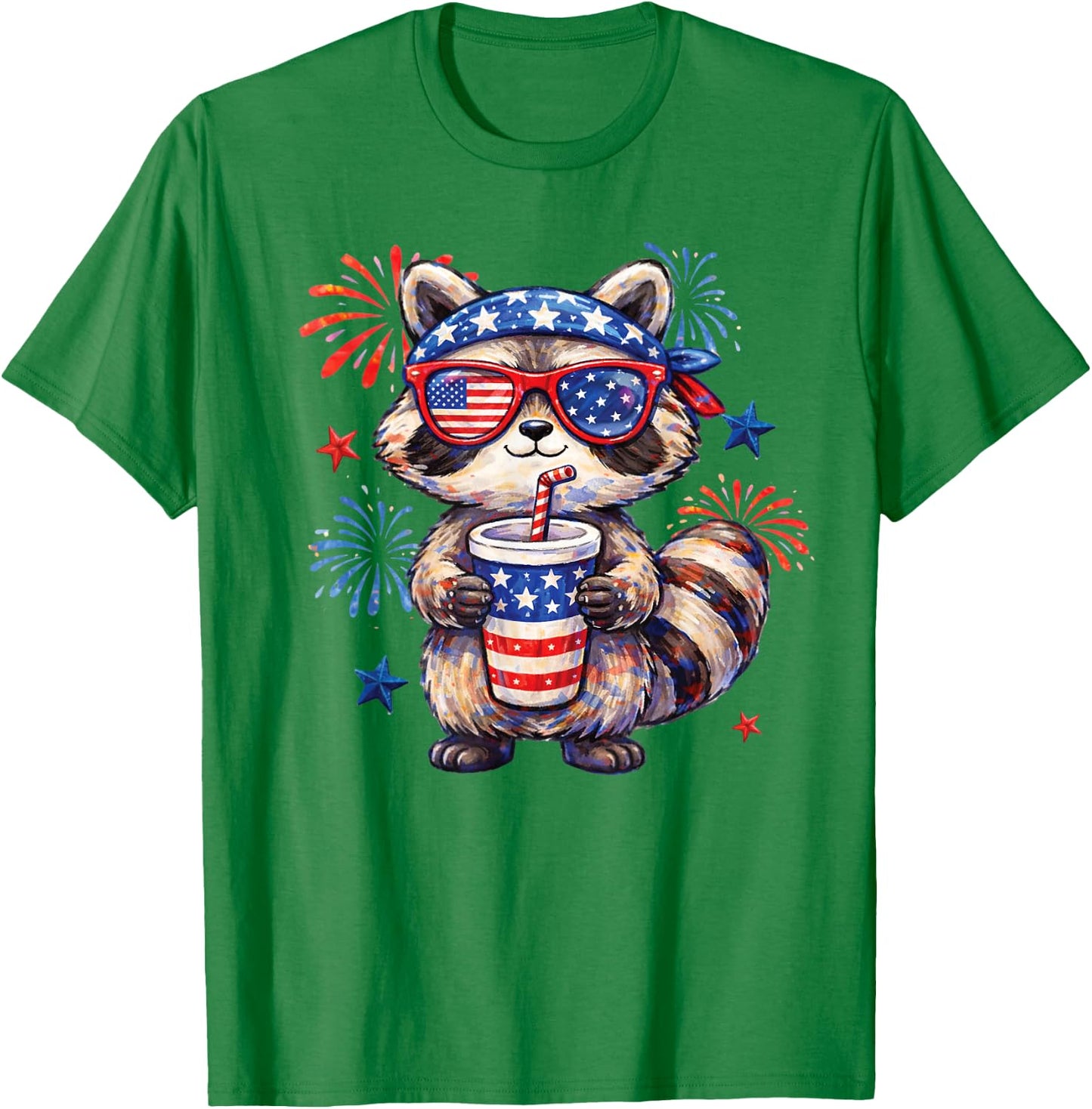 Cute Patriotic Raccoon Fireworks Fourth of July Animal Art T-Shirt - T-Shirt | Irish Green