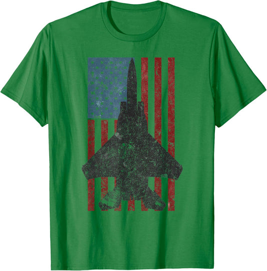 F-15 Eagle Jet Fighter Vintage Color American Flag T-Shirt - T-Shirt | Irish Green