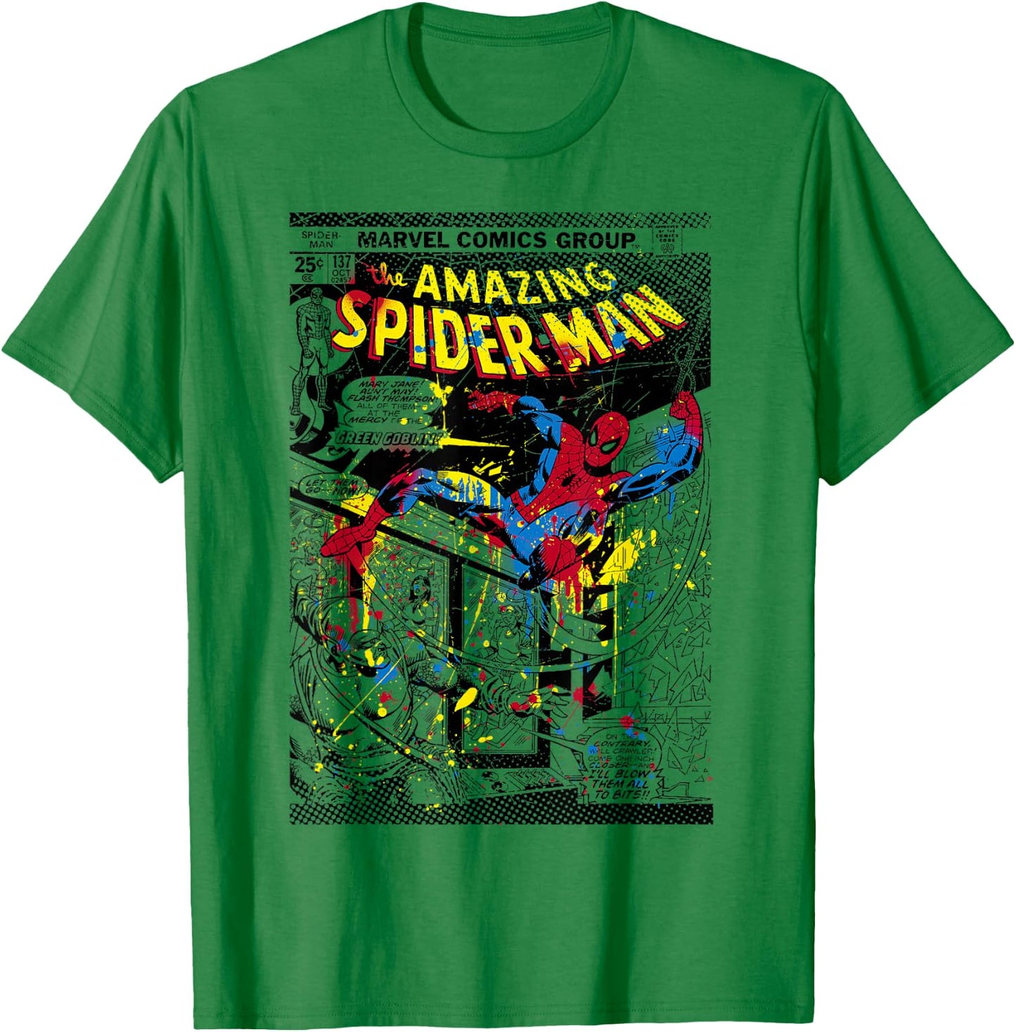 Marvel Spider-Man Classic Retro Paint Splat Comic T-Shirt - T-Shirt | Irish Green