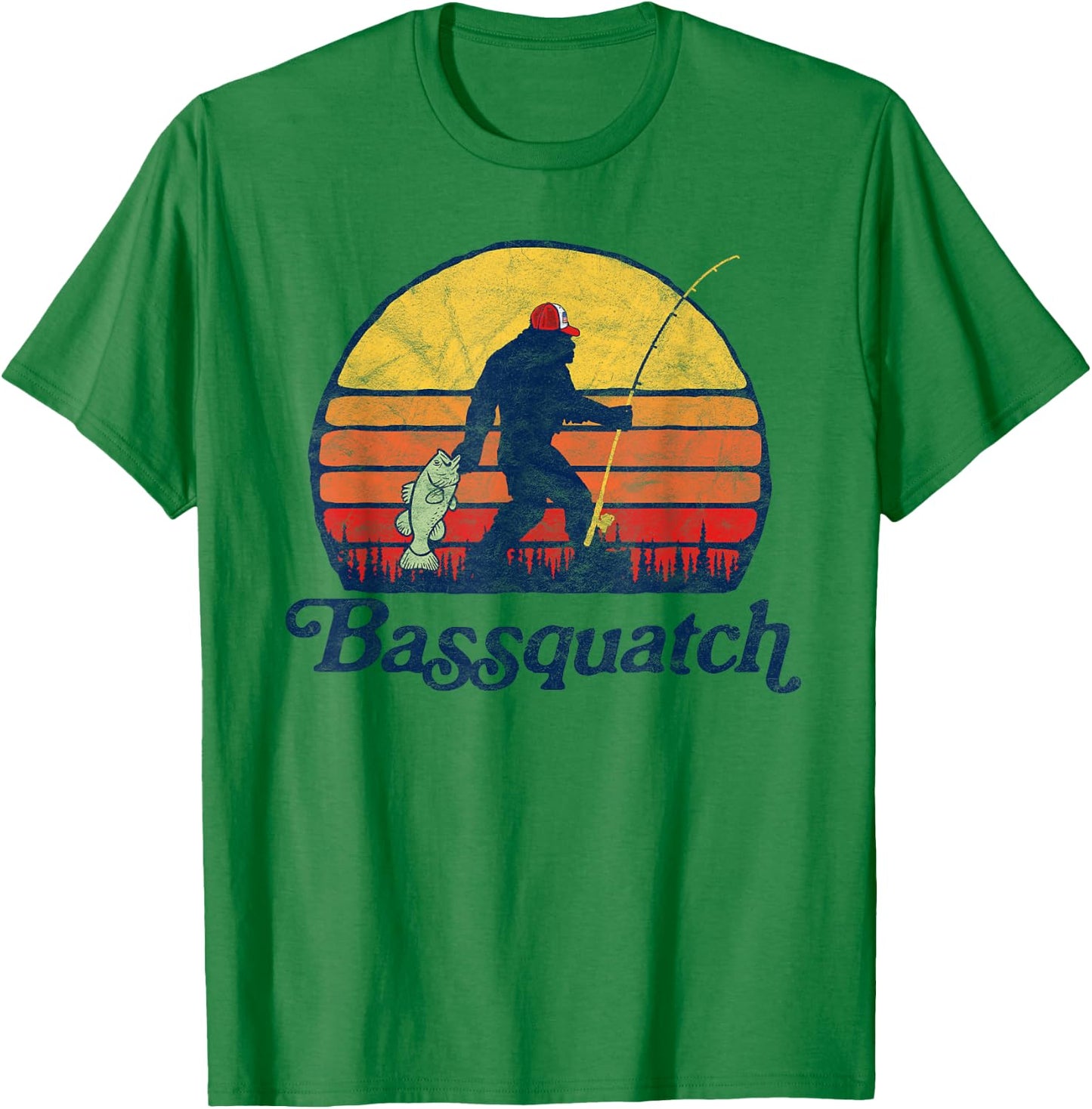 Bassquatch! Funny Bigfoot Fishing Outdoor Retro T-Shirt - T-Shirt | Irish Green