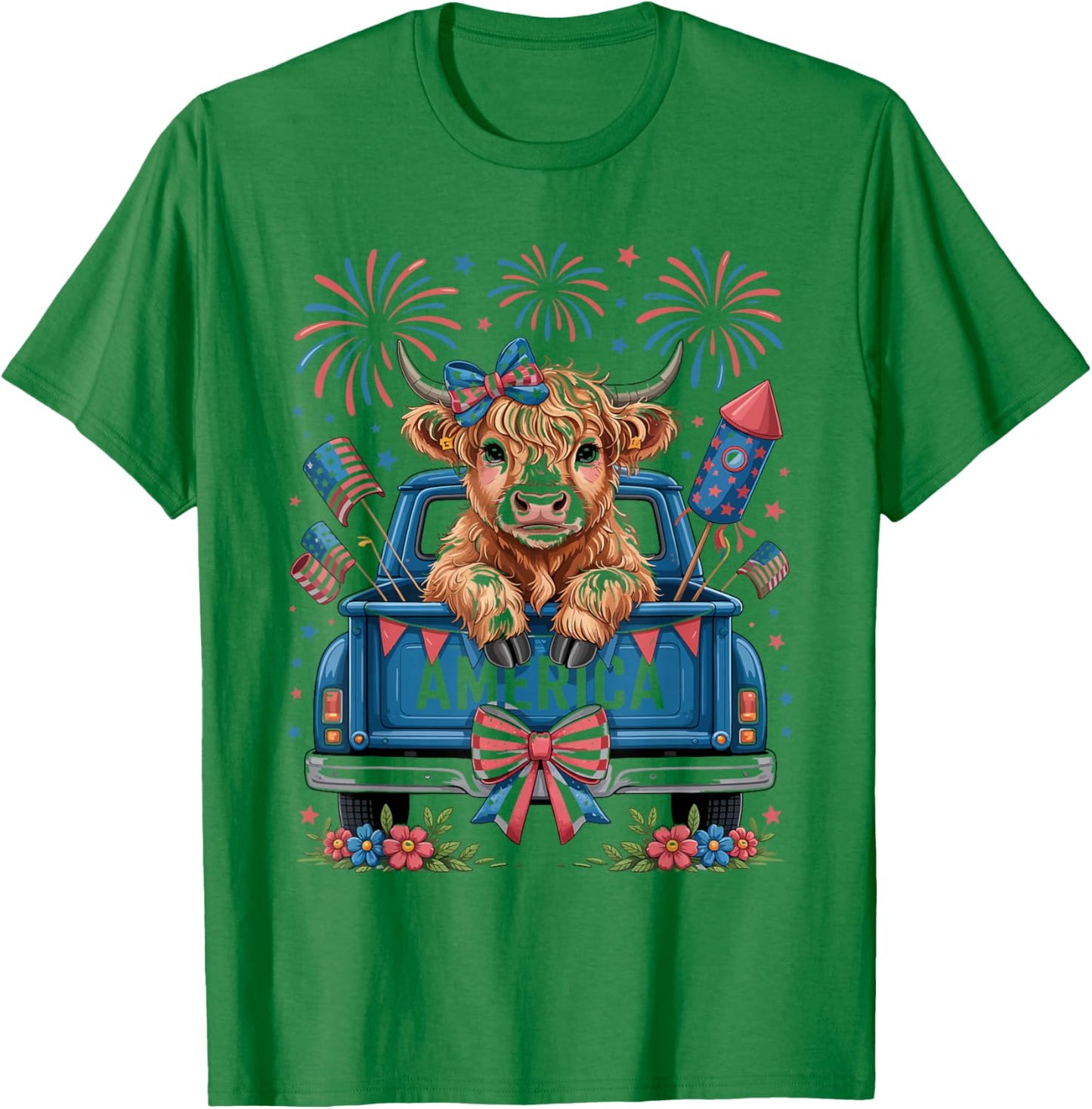 Coquette Highland Cow and Patriotic Truck 4th of July T-Shirt - T-Shirt | Irish Green
