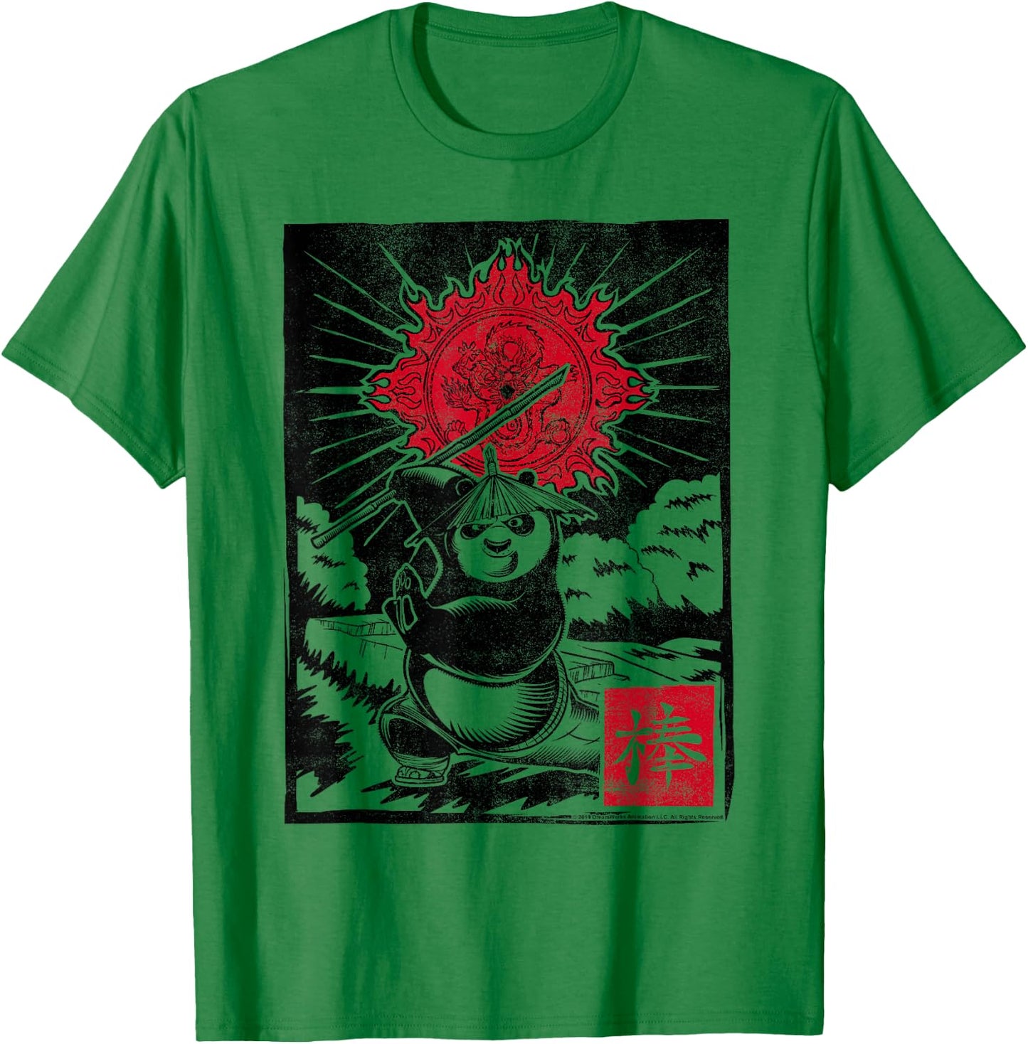 Kung Fu Panda Master Po Action Pose Woodcut Poster T-Shirt - T-Shirt | Irish Green