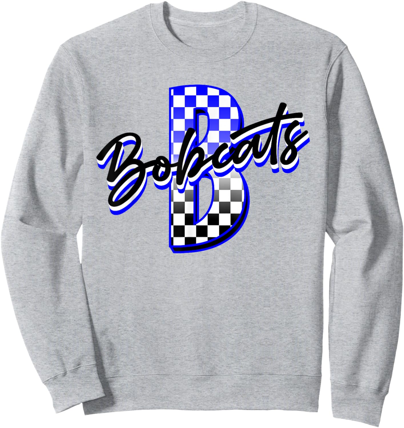 Bobcats Checkered Print Mascot School Spirit Blue Bobcat Sweatshirt - Sweatshirt | Ash