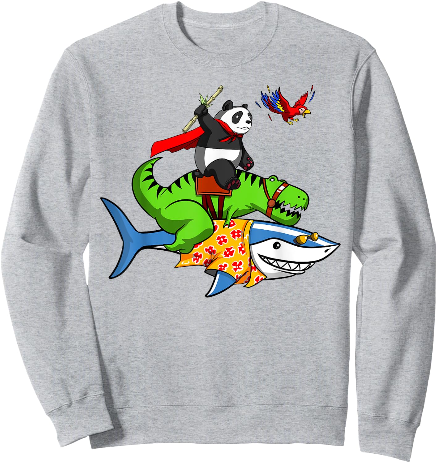Panda Bear And T-Rex Dinosaur Riding Shark Funny Animals Sweatshirt - Sweatshirt | Ash