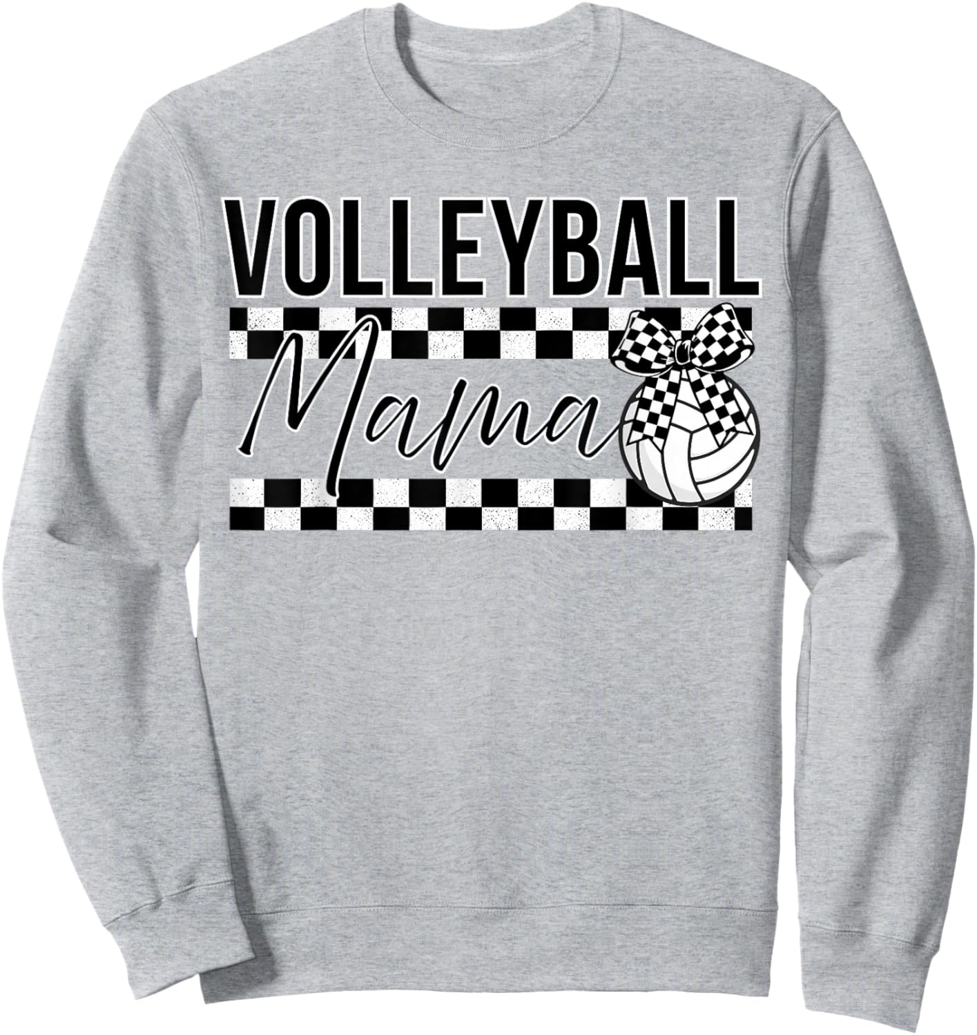 Black and White Checkered Bow Ribbon Pattern Volleyball Mama Sweatshirt - Sweatshirt | Ash
