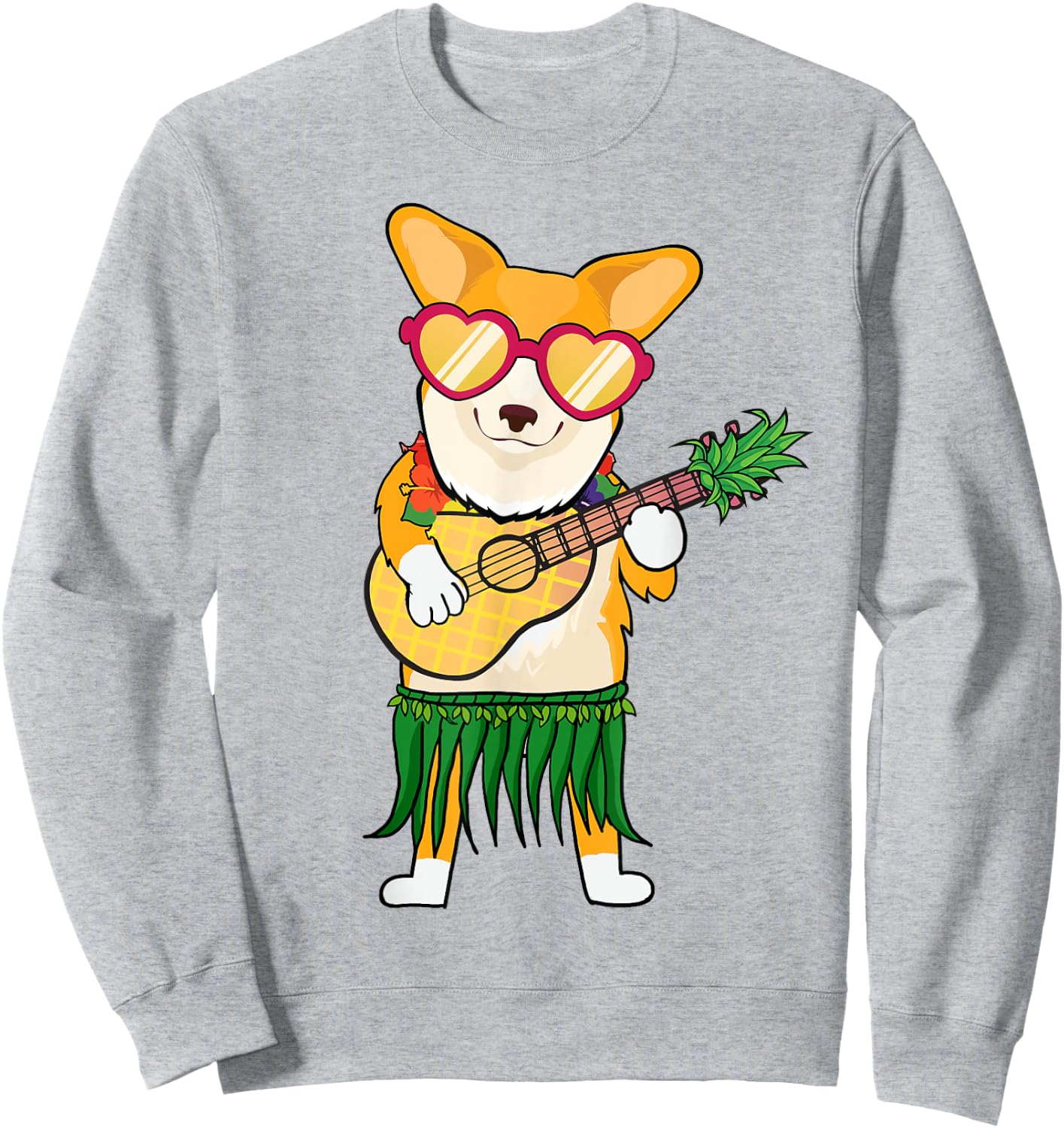 Corgi Hawaiian Costume Playing Ukulele Summer Shirt Gifts Men Women Kids Sweatshirt - Sweatshirt | Ash