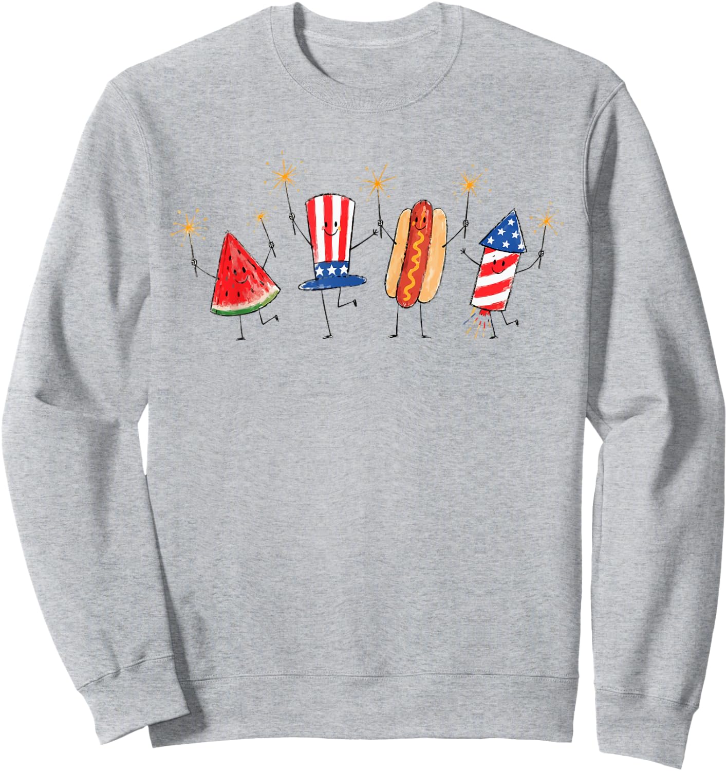 Cute Patriotic Doodle Watermelon Hotdog Firework 4th of July Sweatshirt - Sweatshirt | Ash