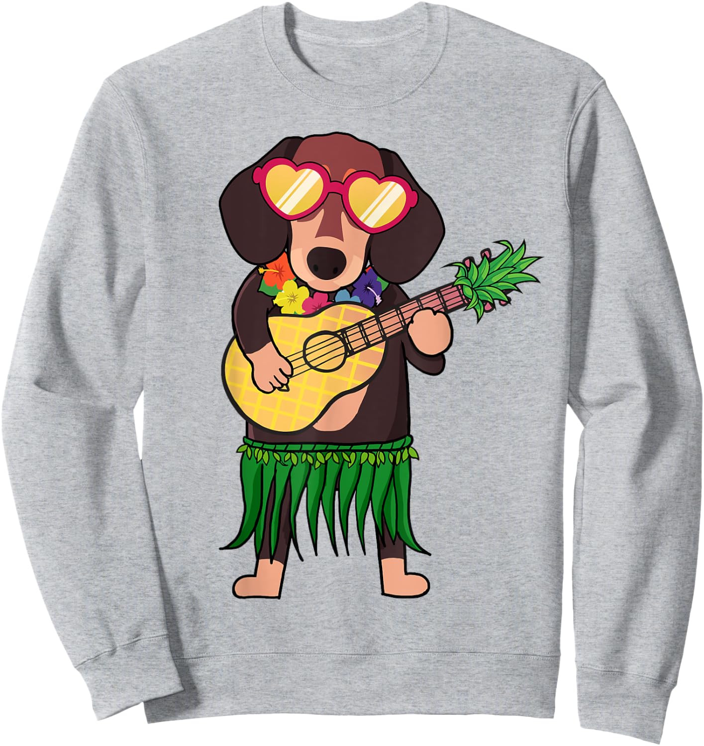 Dachshund Hawaiian Costume Playing Ukulele Summer Shirt Women Kids Sweatshirt - Sweatshirt | Ash