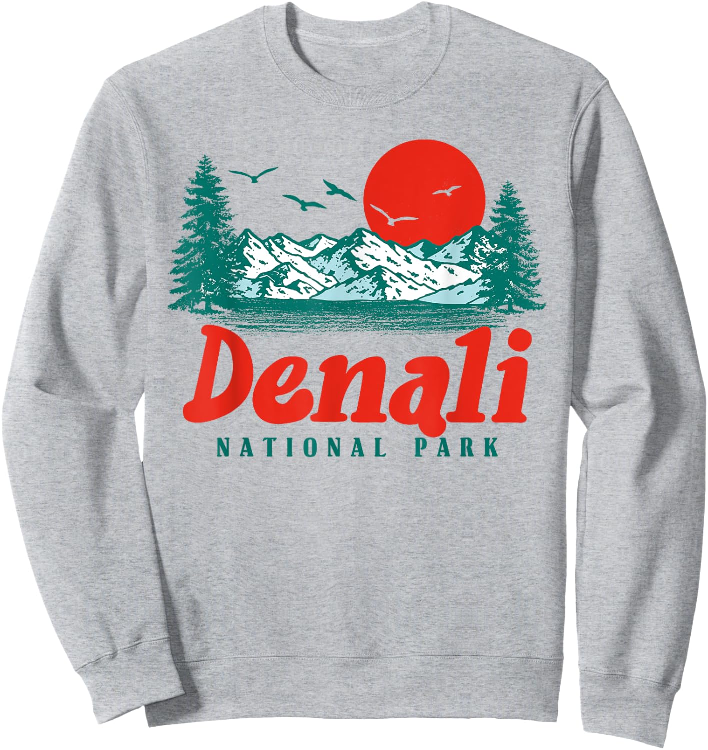 Retro Denali National Park Mountain Trees & Sun Graphic Sweatshirt - Sweatshirt | Ash