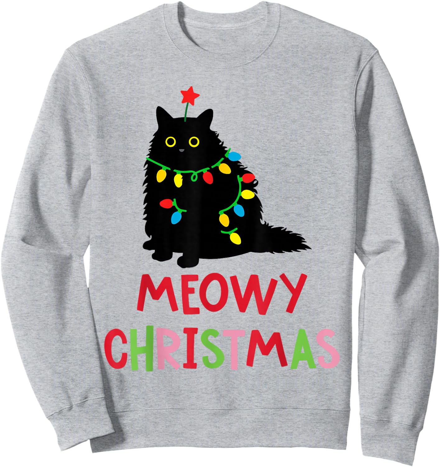 Meowy Christmas Funny Black Cat Christmas Lights Cat Lovers Sweatshirt - Sweatshirt | Ash