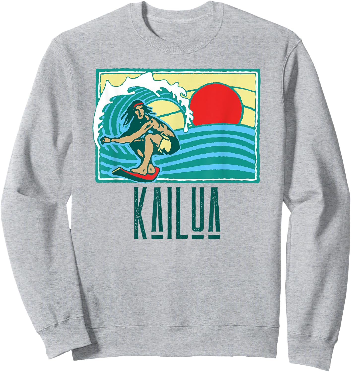 Kailua Hawaii Vintage Surfer & Wave Retro Graphic Sweatshirt - Sweatshirt | Ash
