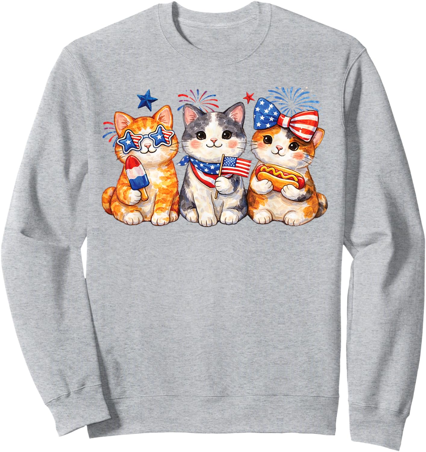 Patriotic Cat Trio Fourth of July Cute Kitten USA Graphic Sweatshirt - Sweatshirt | Ash