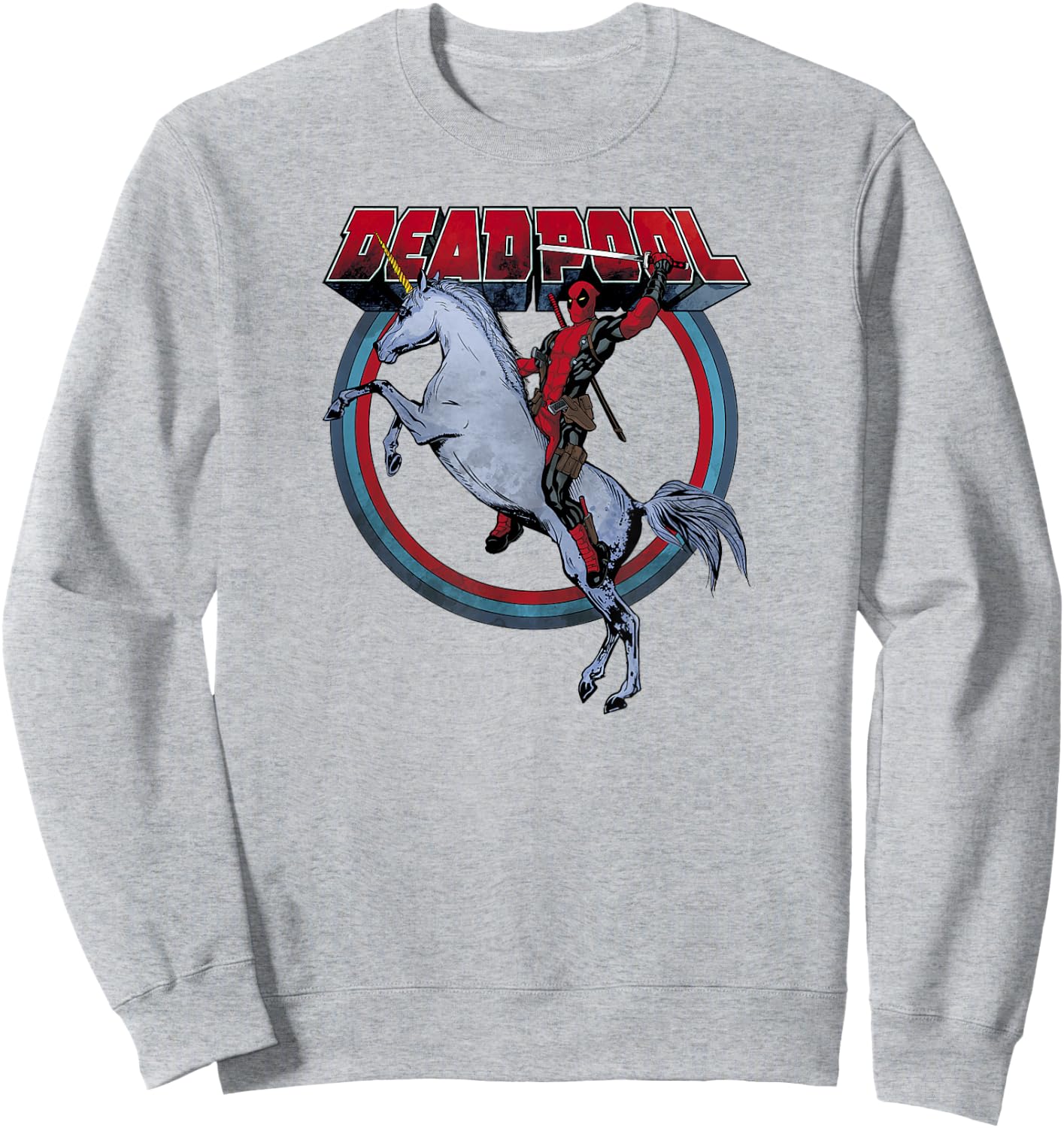 Marvel Deadpool Riding A Unicorn Circle Graphic C2 Sweatshirt - Sweatshirt | Ash