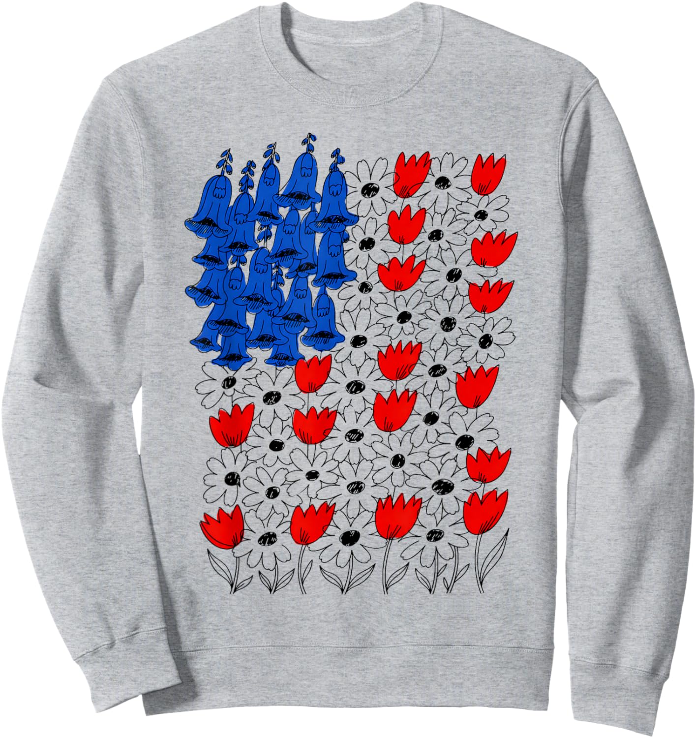 Fourth of July Foxglove Daisy Tulip Floral American Flag Sweatshirt - Sweatshirt | Ash