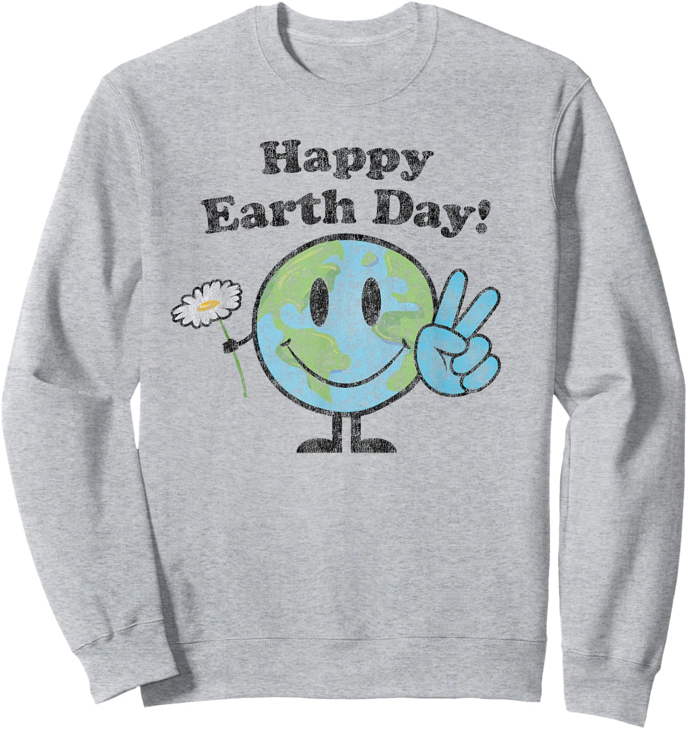 Happy Earth Day Cute Peace Sign Flower Distressed Sweatshirt - Sweatshirt | Ash