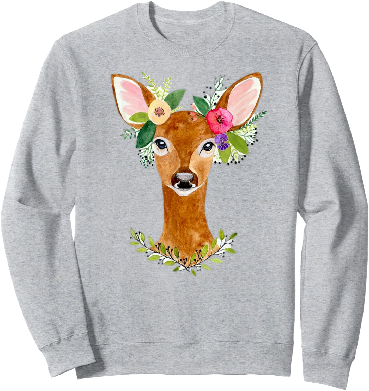 Lovely Doe Boho Nature Floral Art Deer Artwork Sweatshirt - Sweatshirt | Ash