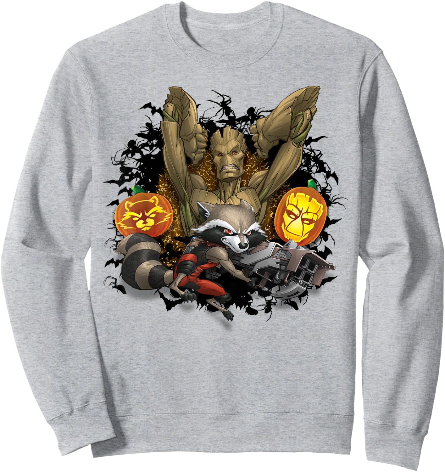 Marvel Groot and Rocket Raccoon Jack-o'-Lantern Halloween Sweatshirt - Sweatshirt | Ash