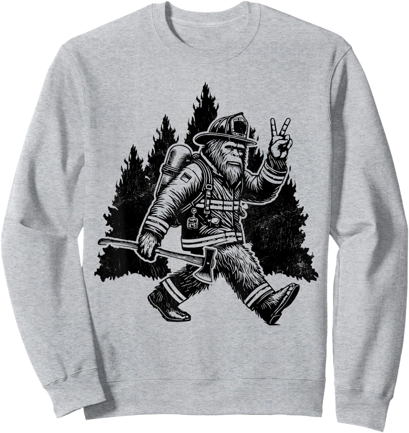 Men's Retro Bigfoot Firefighter Sasquatch Fireman , Grey, Small, Short Sleeve, Classic Fit, Polyester 100% Sweatshirt - Sweatshirt | Ash