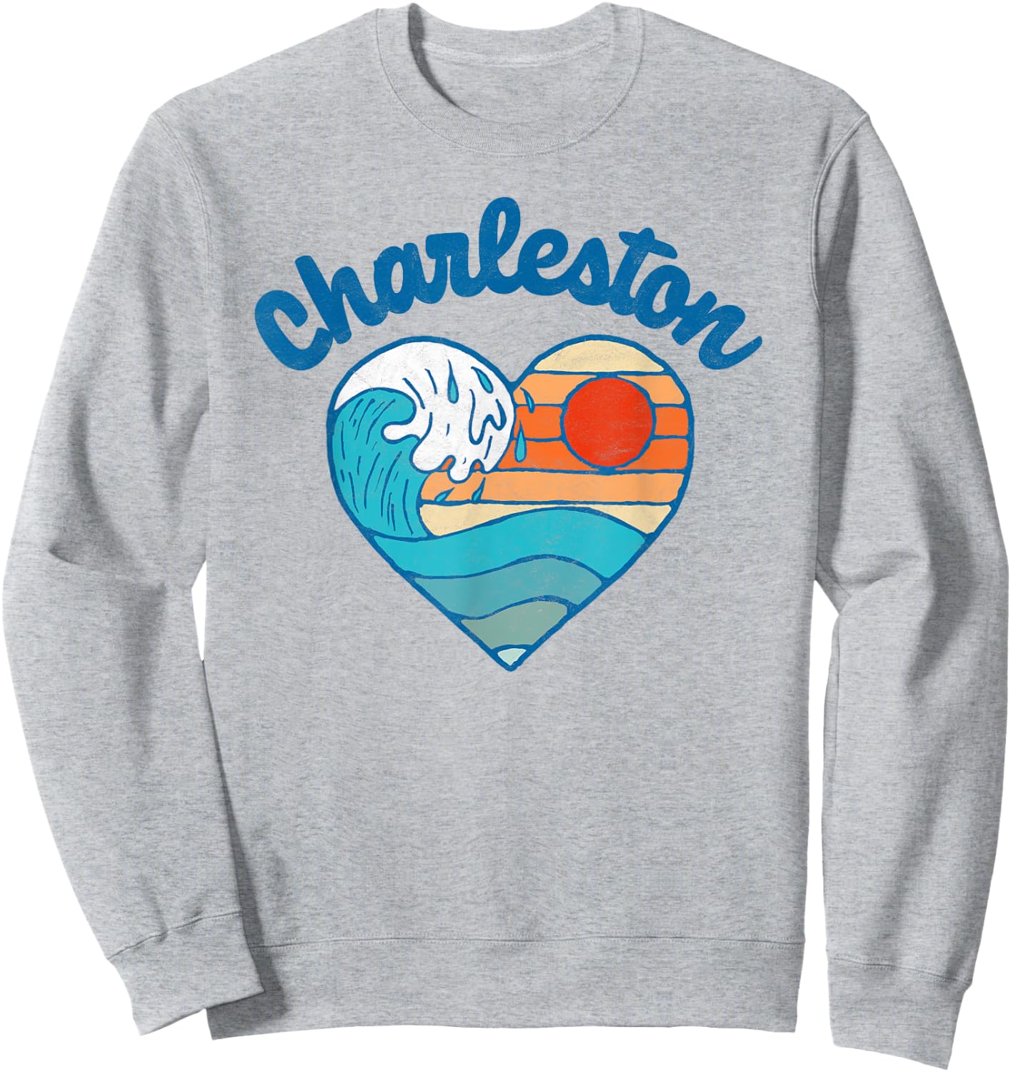 Charleston SC Beach Lover Retro Heart Surf & Wave Graphic Women Kids Sweatshirt - Sweatshirt | Ash