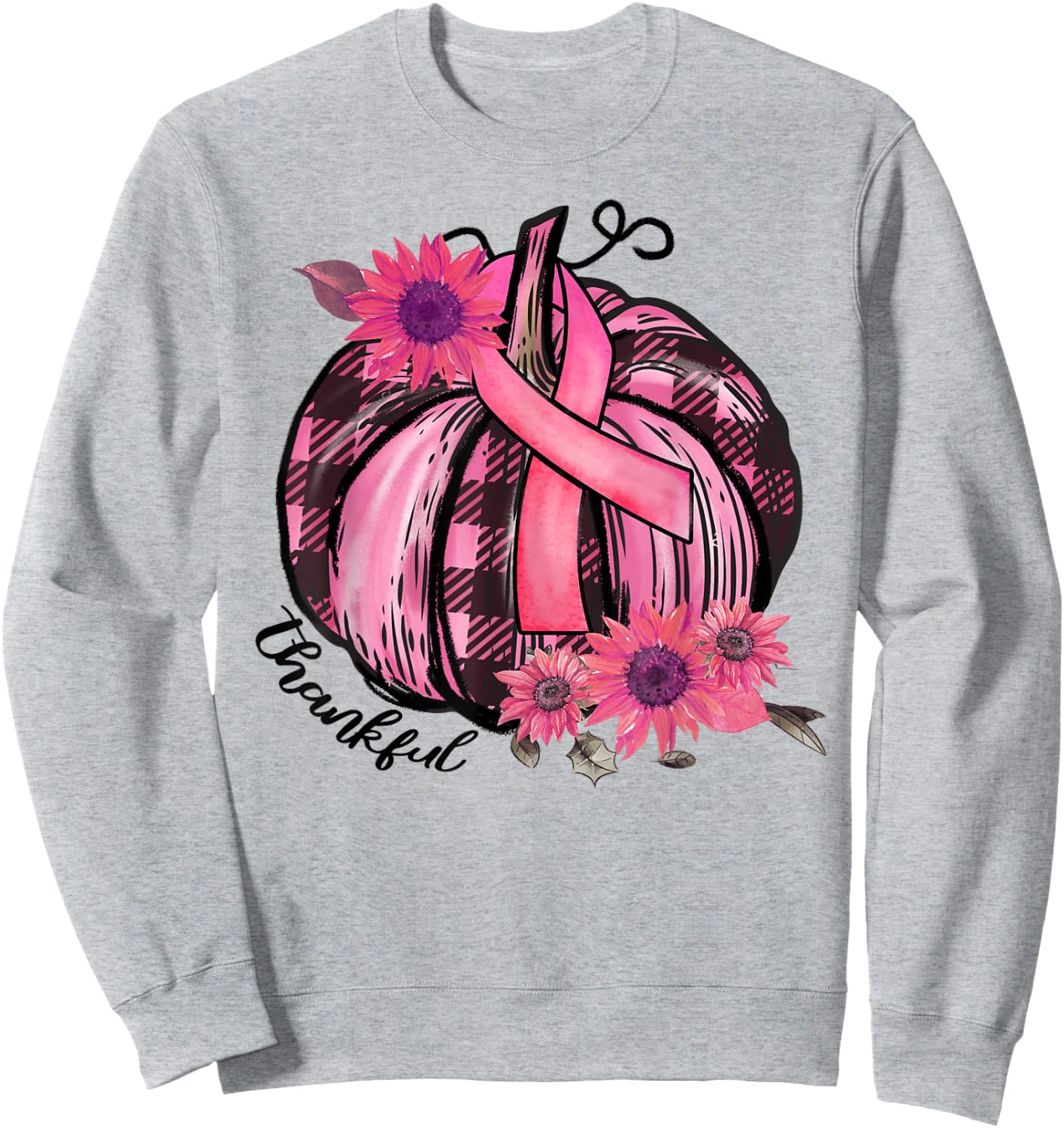 Thankful Pink Pumpkin Sunflower Breast Cancer Awareness Gift Sweatshirt - Sweatshirt | Ash