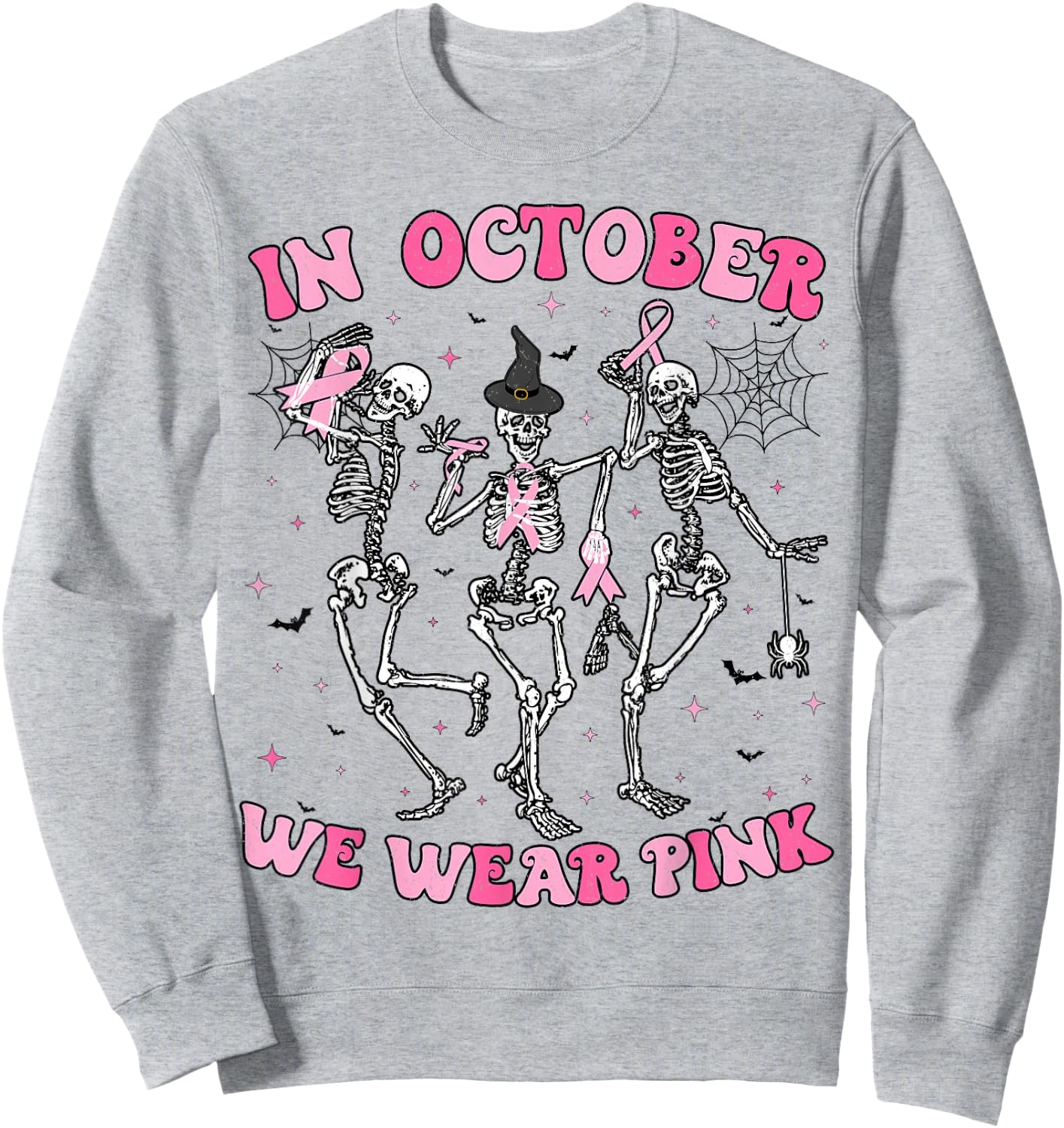 In October We Wear Pink Halloween Breast Cancer Skeleton Sweatshirt - Sweatshirt | Ash