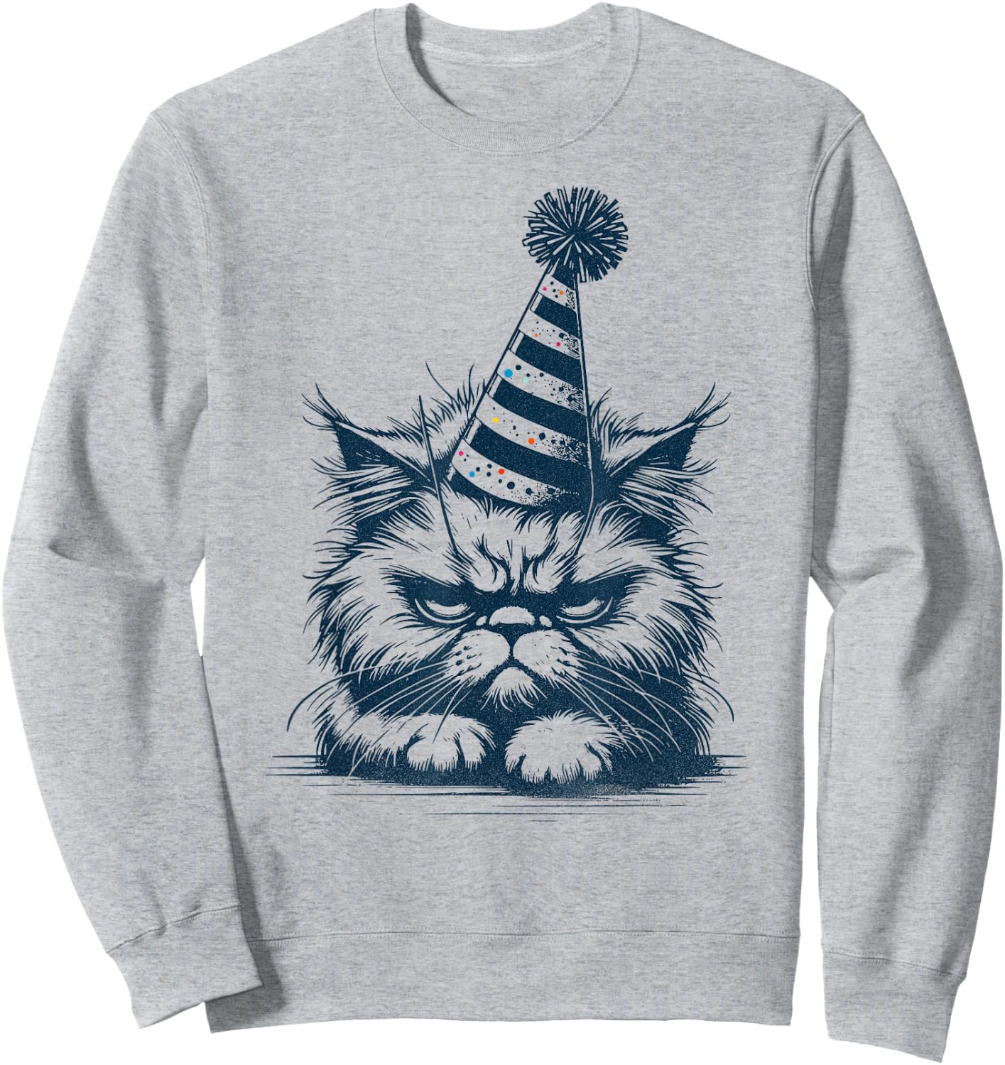 Funny Moody Tired Cat with Party Hat - Party Pooper Kitten Sweatshirt - Sweatshirt | Ash