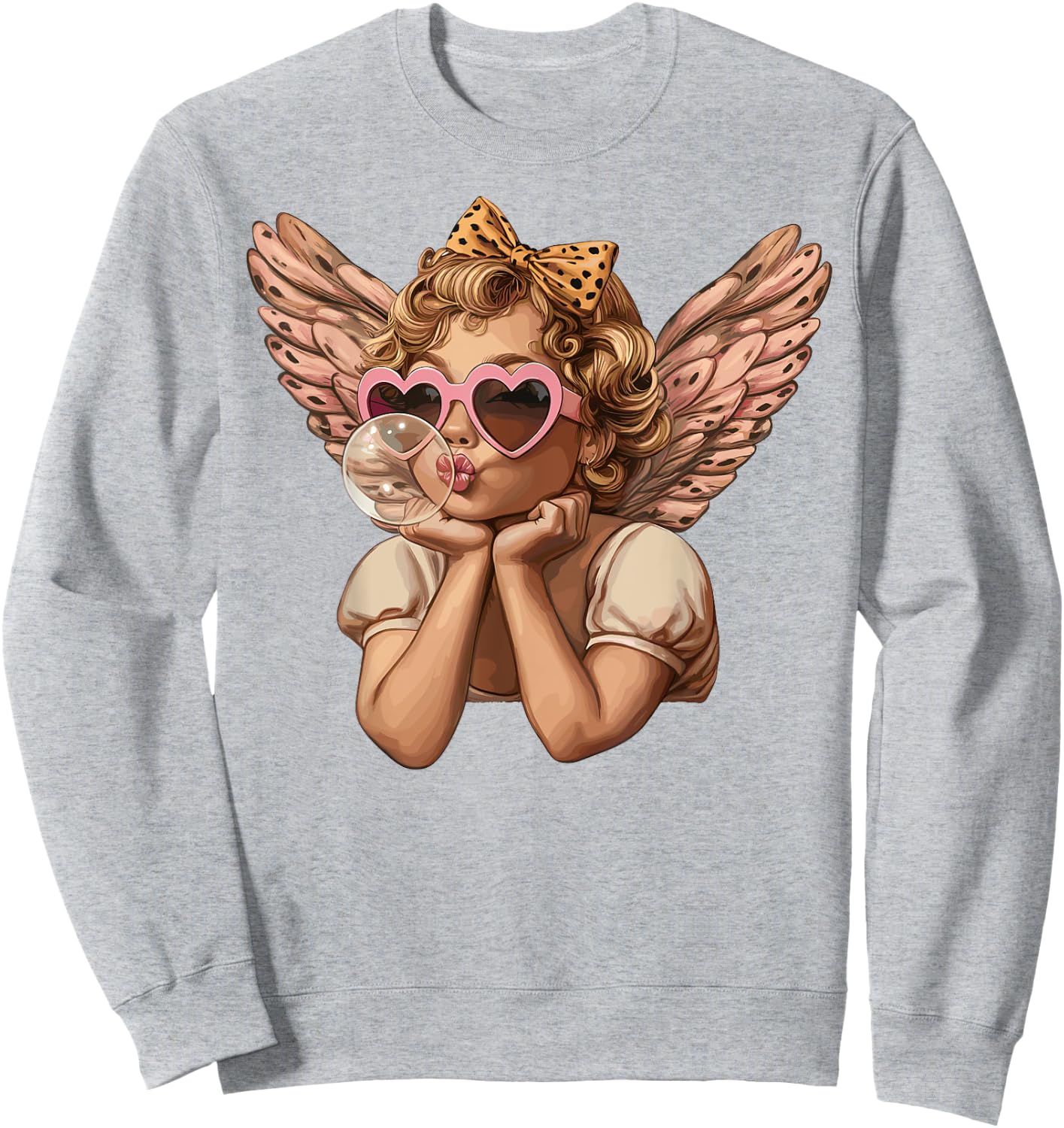 Cupid Blowing Bubble Heart Sunglasses Leopard Valentines Day Sweatshirt - Sweatshirt | Ash