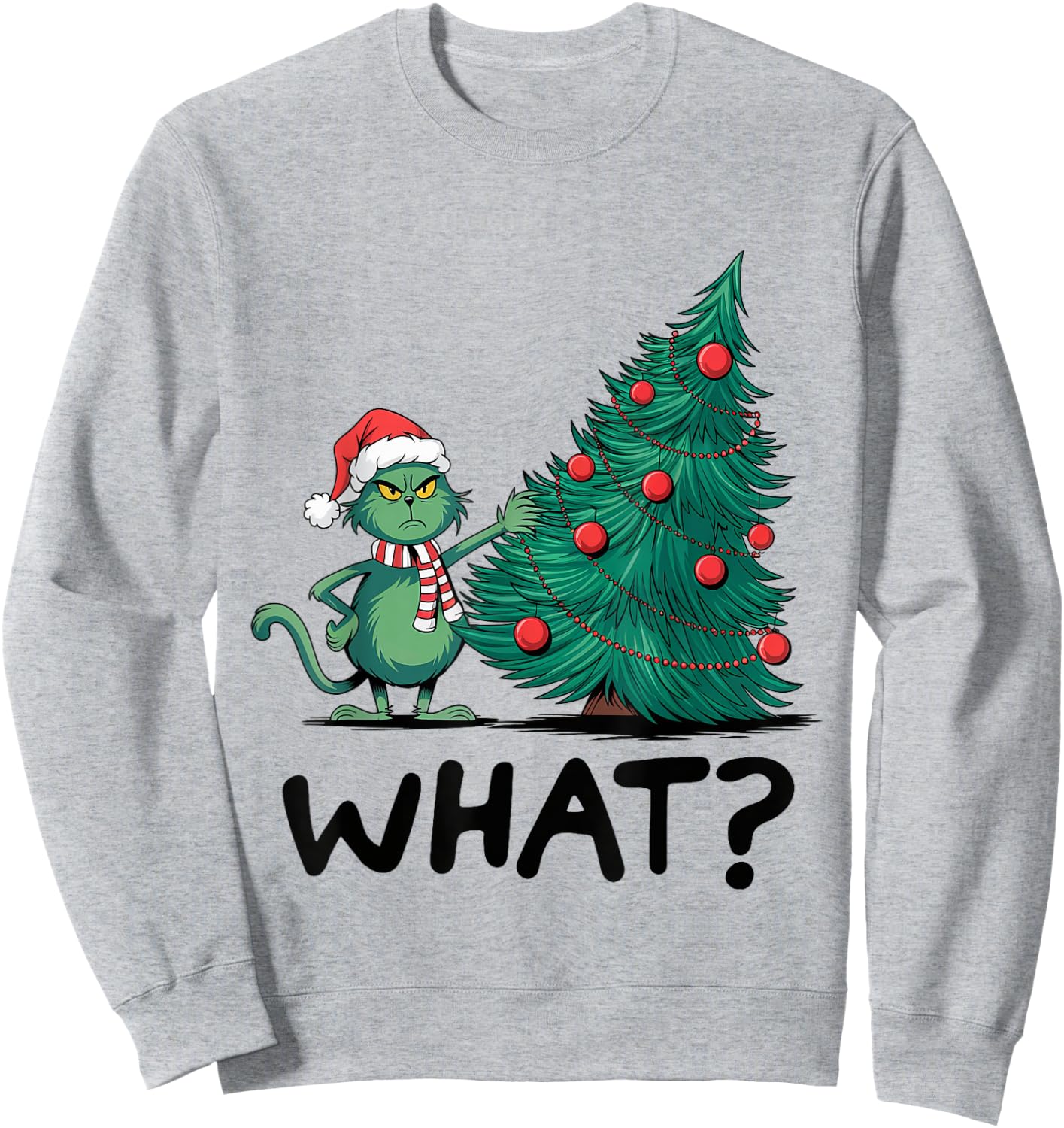 Cat What Funny Green Cat Pushing Christmas Tree Ugly Xmas Women Kids Sweatshirt - Sweatshirt | Ash