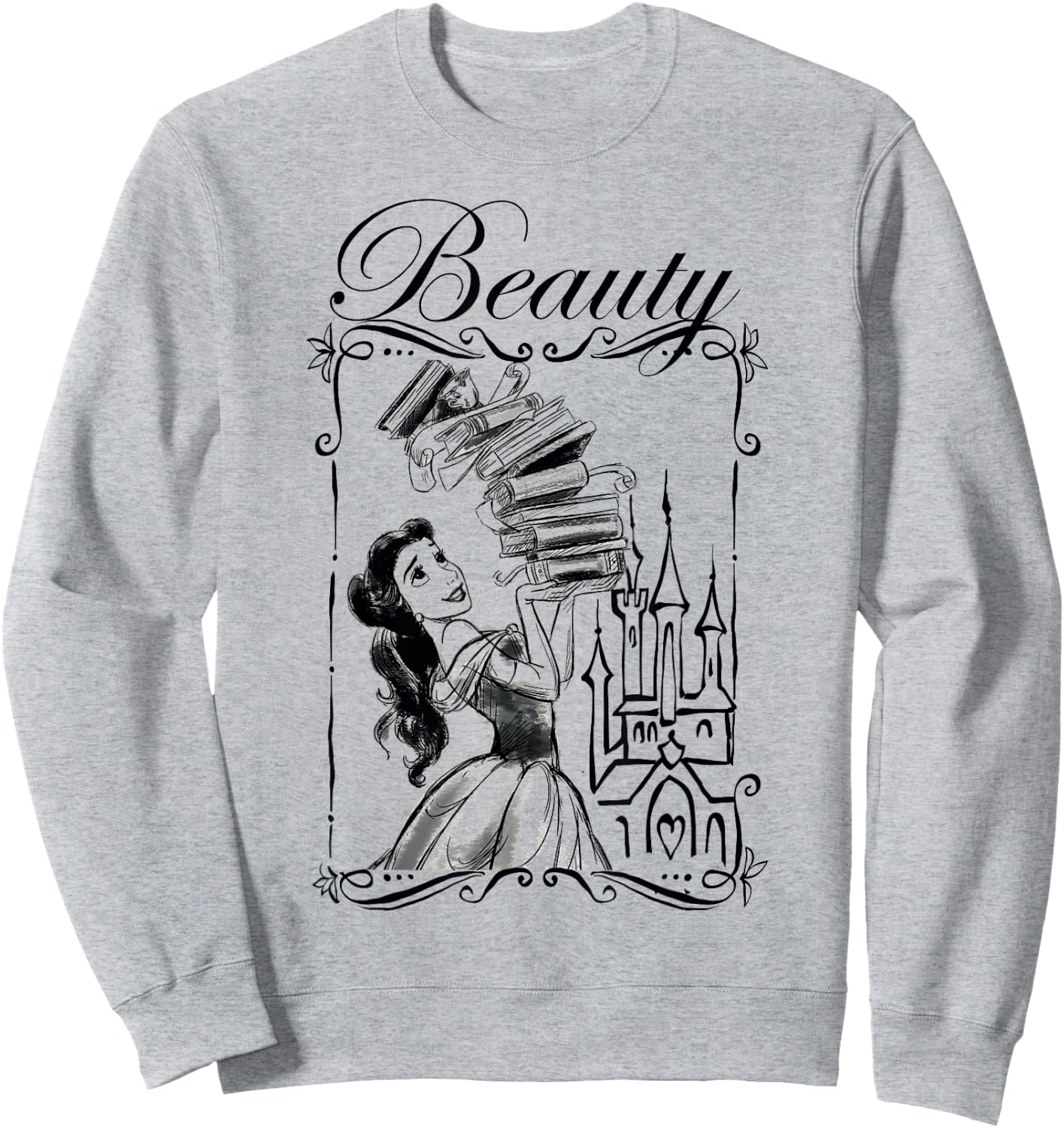 Disney Beauty and the Beast Belle Book Stack Sketch Portrait Sweatshirt - Sweatshirt | Ash