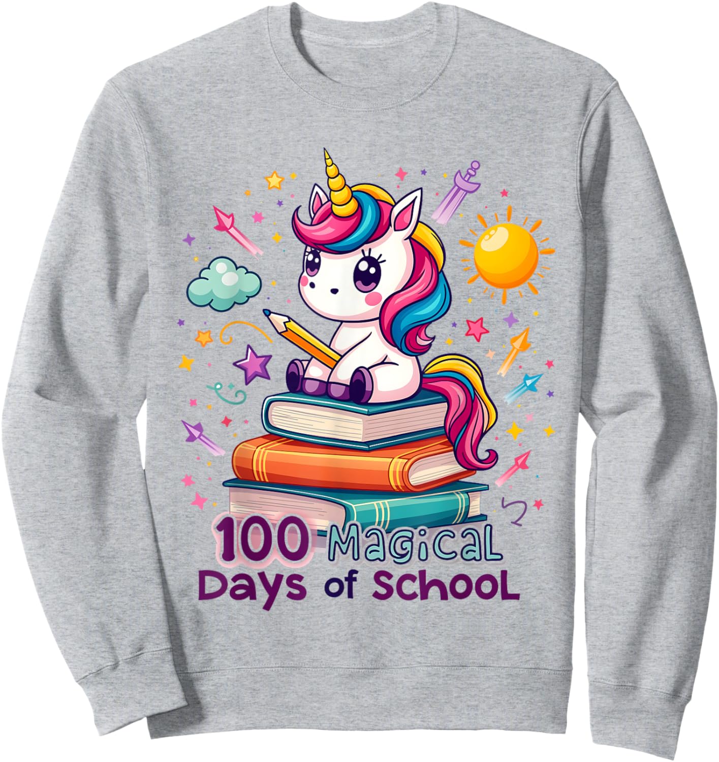 100 Magical Days of School Funny Unicorn Student Teacher Sweatshirt - Sweatshirt | Ash