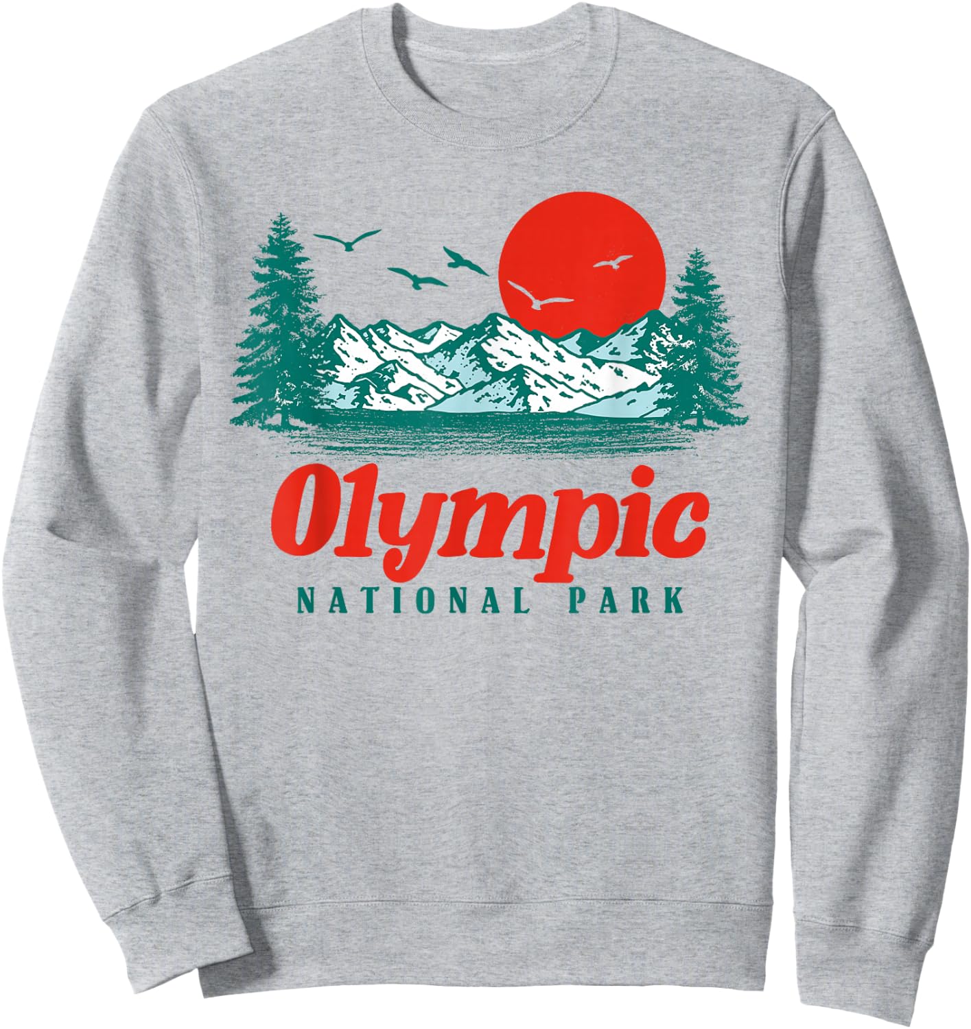 Retro Olympic National Park Mountain Trees & Sun Graphic Small Sweatshirt - Sweatshirt | Ash