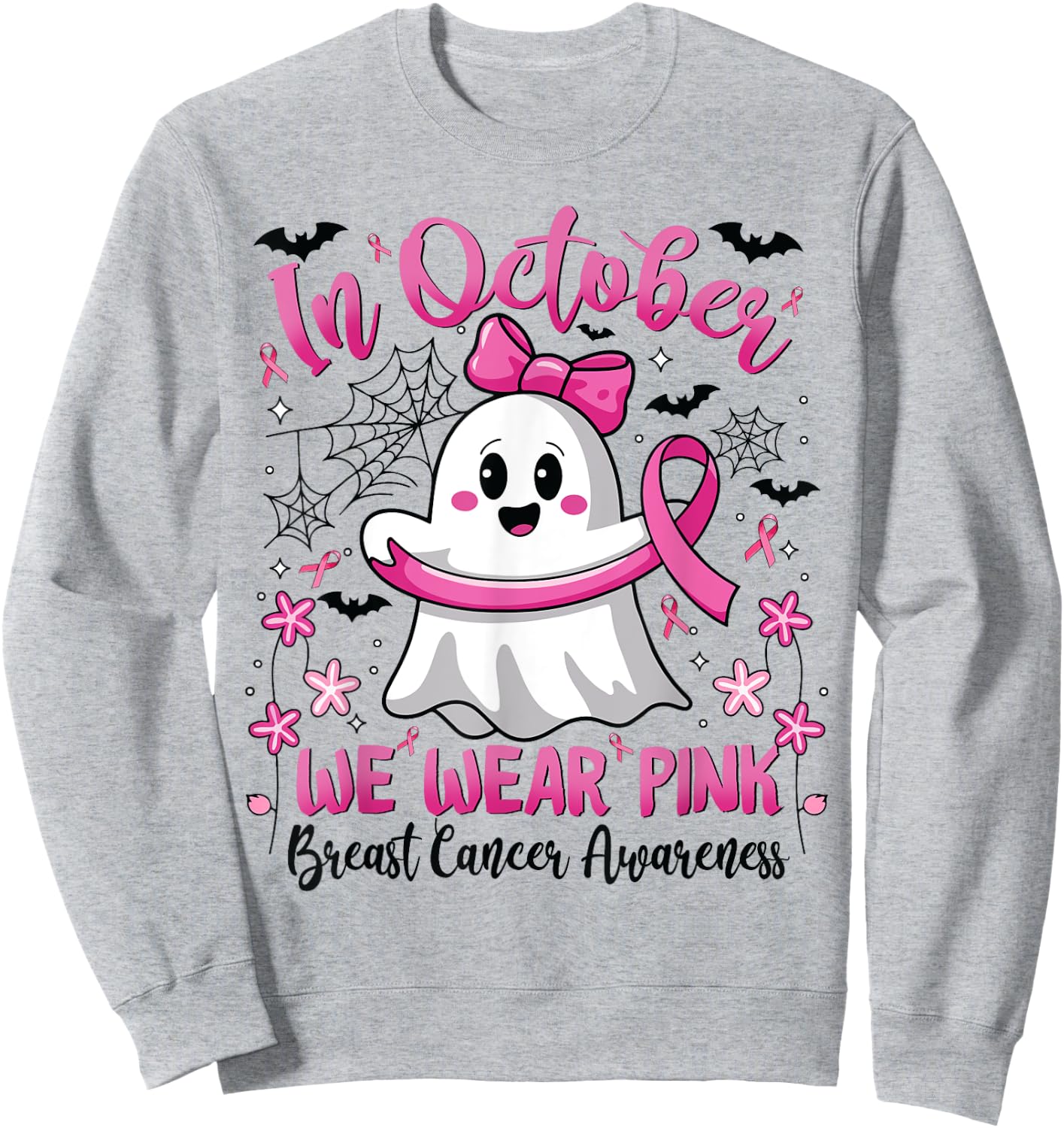 In October We Wear Pink Ghost Witch Breast Cancer Awareness Sweatshirt - Sweatshirt | Ash