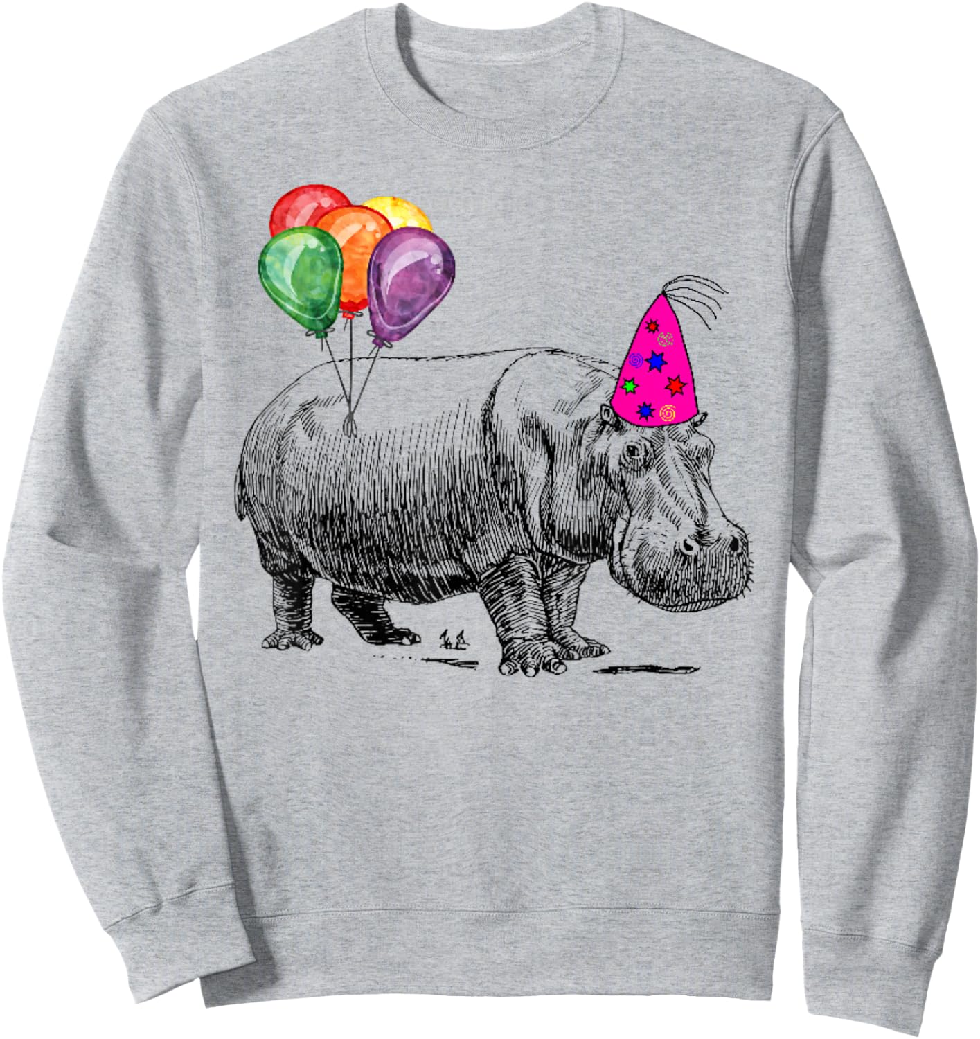 Hippo Wearing A Birthday Hat With Party Balloons Par T Shirt Sweatshirt - Sweatshirt | Ash