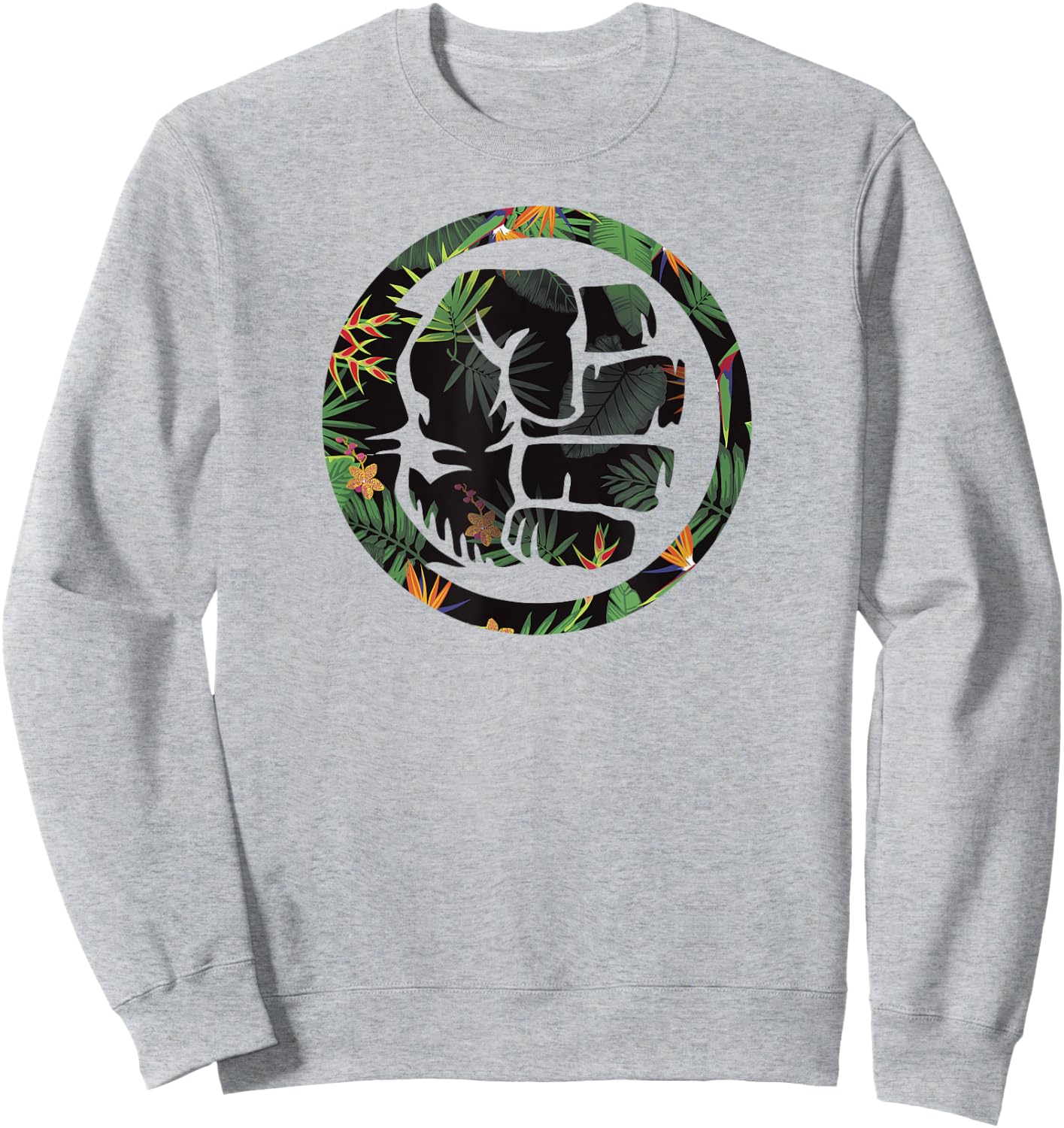 Marvel Hulk Fist Smash Logo Tropical Pattern Graphic Sweatshirt - Sweatshirt | Ash