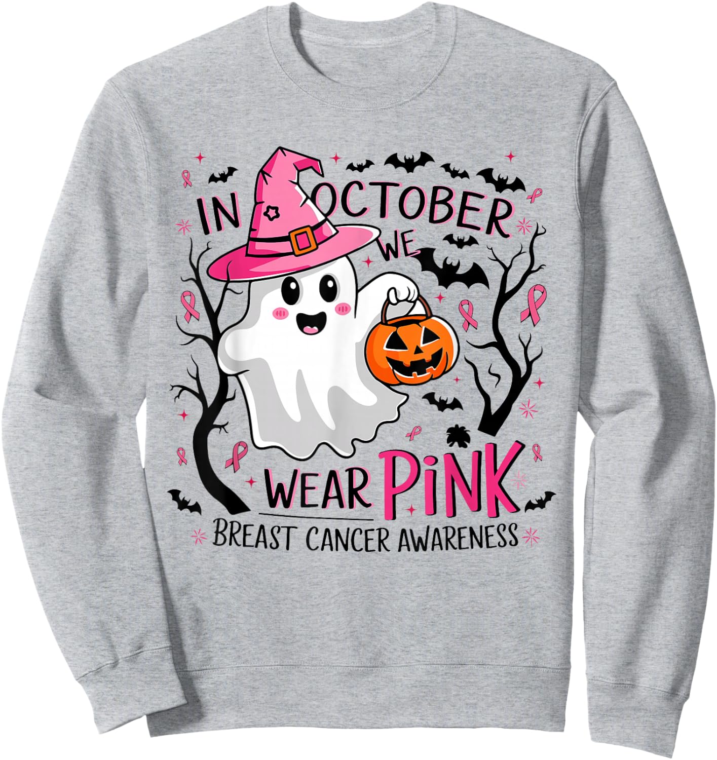 In October We Wear Pink Ghost Witch Breast Cancer Awareness Sweatshirt - Sweatshirt | Ash
