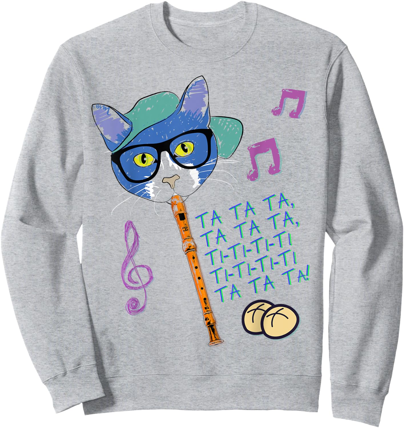 Cool Cat Playing Hot Cross Buns on Recorder Funny Elementary Sweatshirt - Sweatshirt | Ash